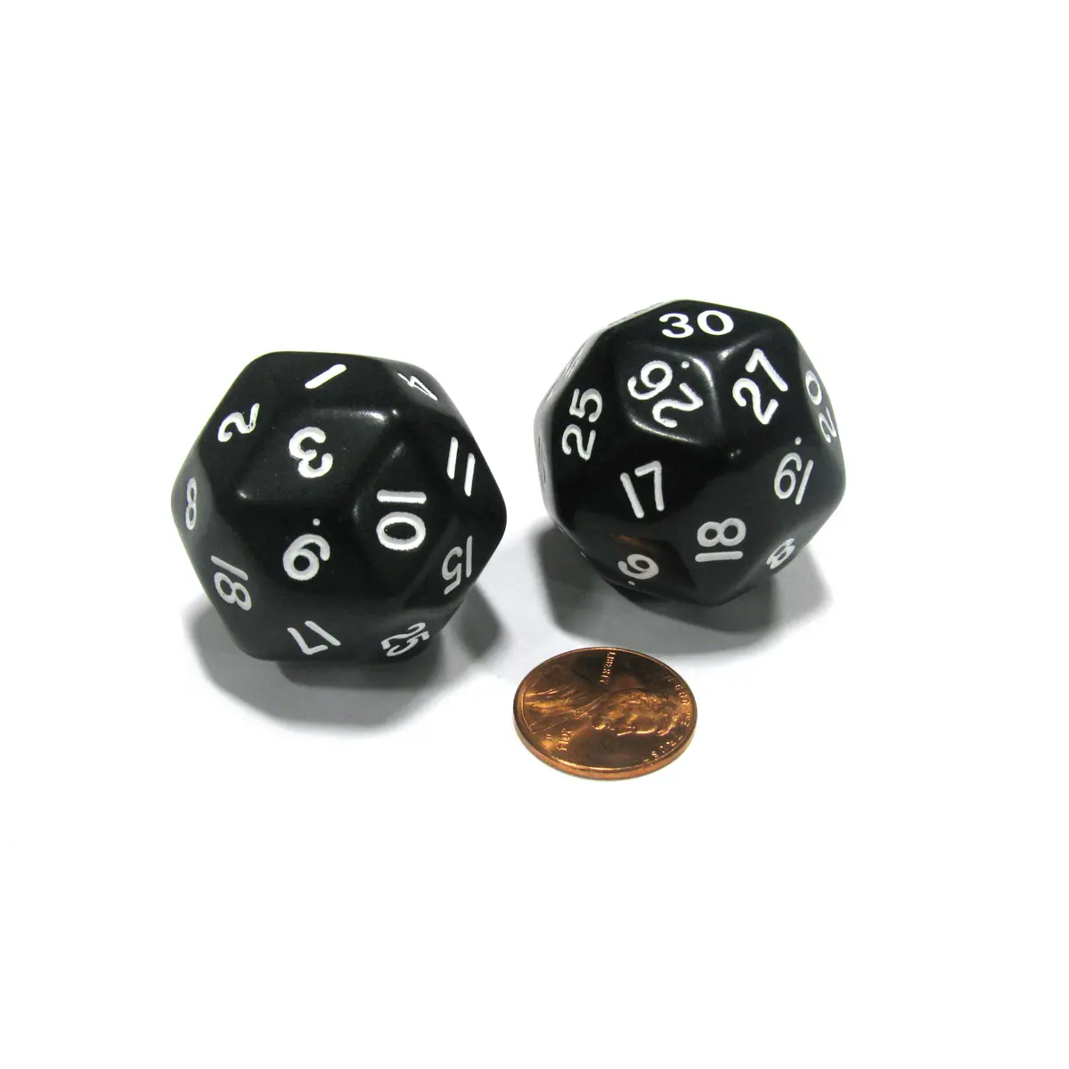 Set of 2 Triantakohedron D30 30 Sided 33mm Jumbo Dice - Black w White Numbers