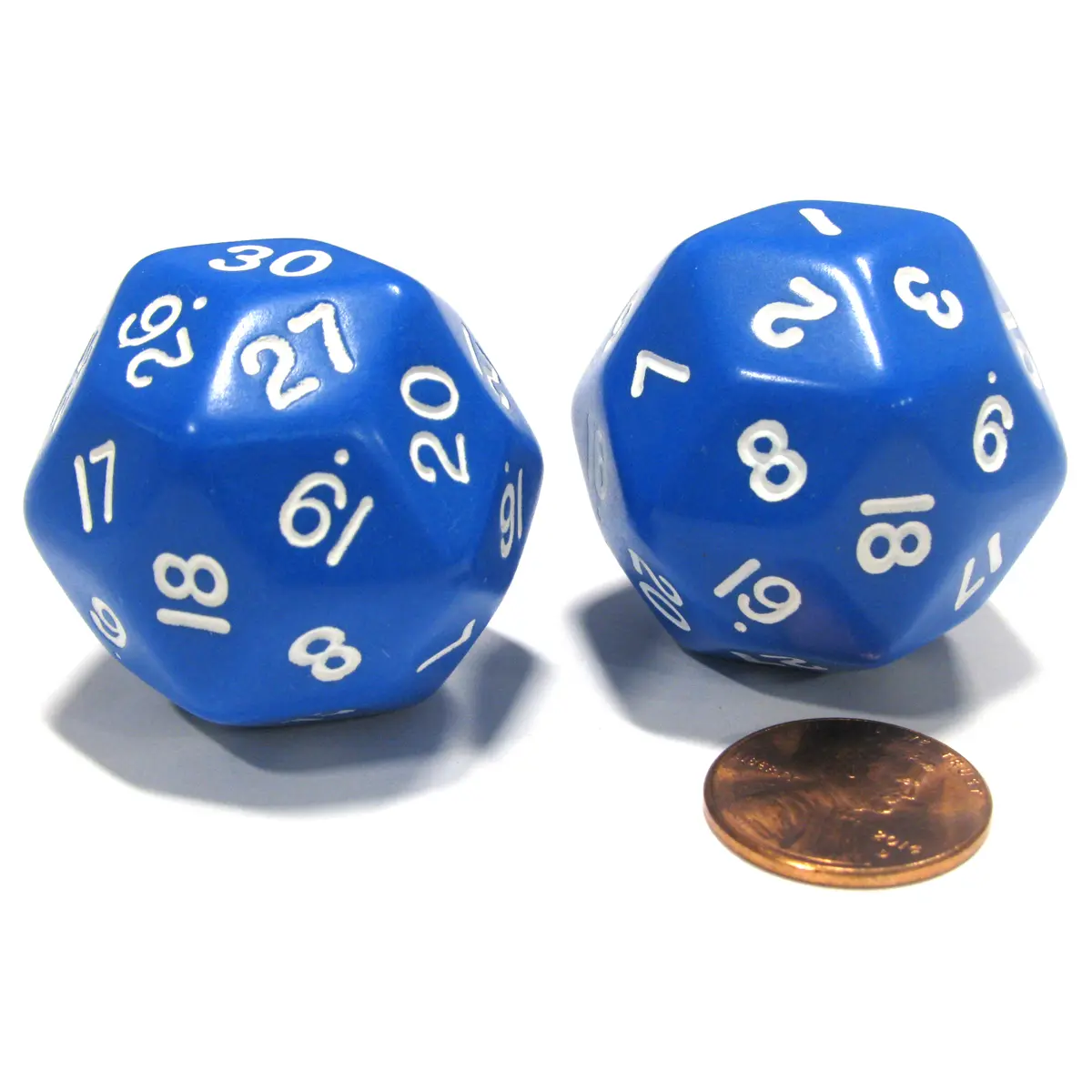 Set of 2 Triantakohedron D30 30 Sided 33mm Jumbo Dice - Blue w White Numbers