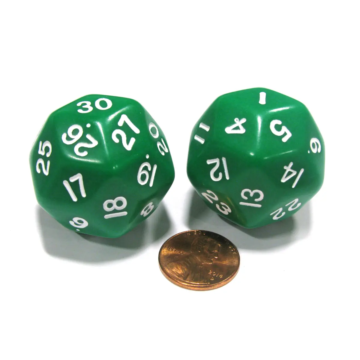 Set of 2 Triantakohedron D30 30 Sided 33mm Jumbo Dice - Green w White Numbers