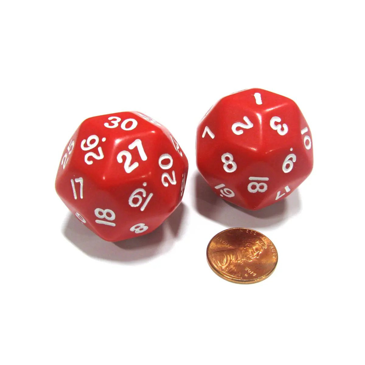 Set of 2 Triantakohedron D30 30 Sided 33mm Jumbo Dice - Red w White Numbers