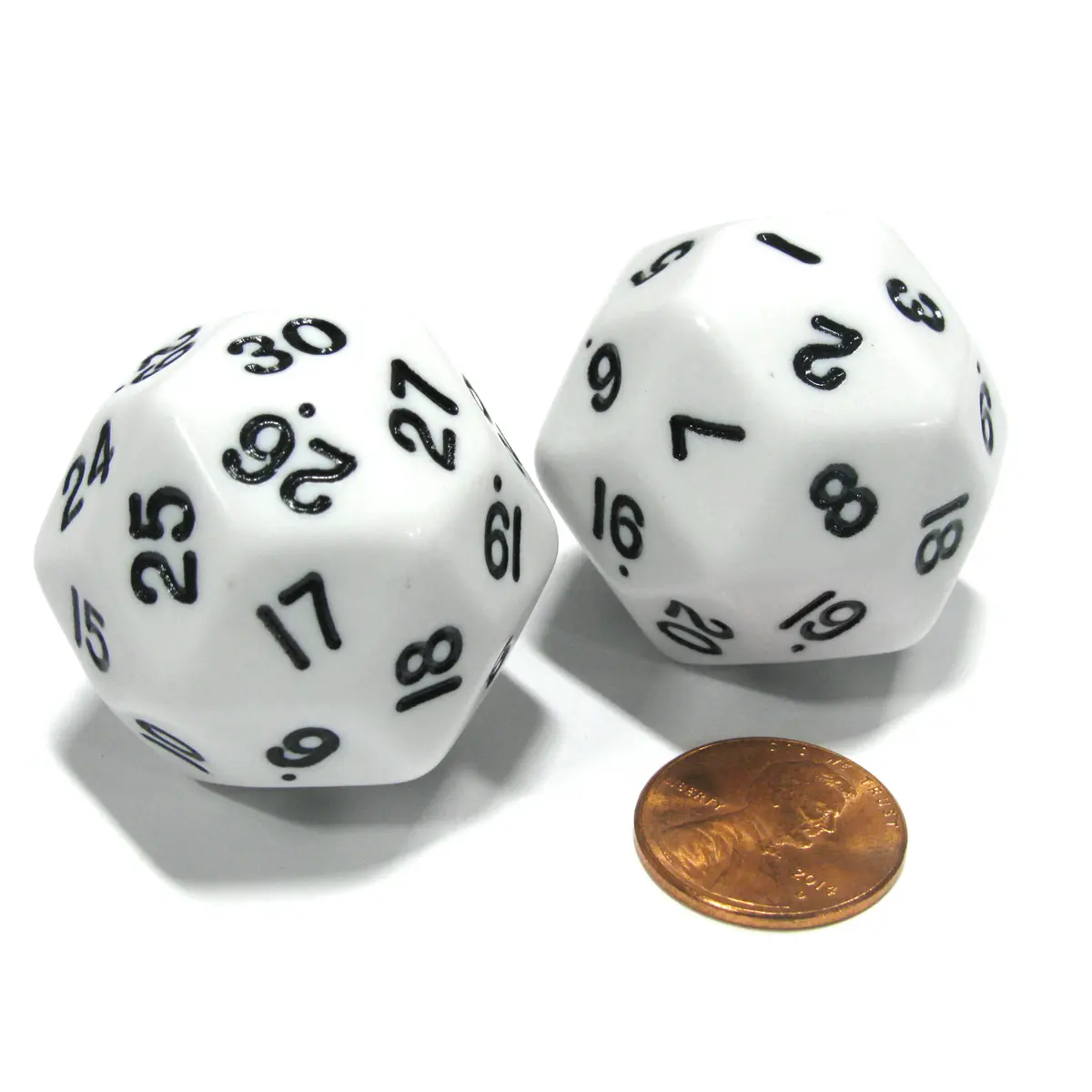 Set of 2 Triantakohedron D30 30 Sided 33mm Jumbo Dice - White w Black Numbers
