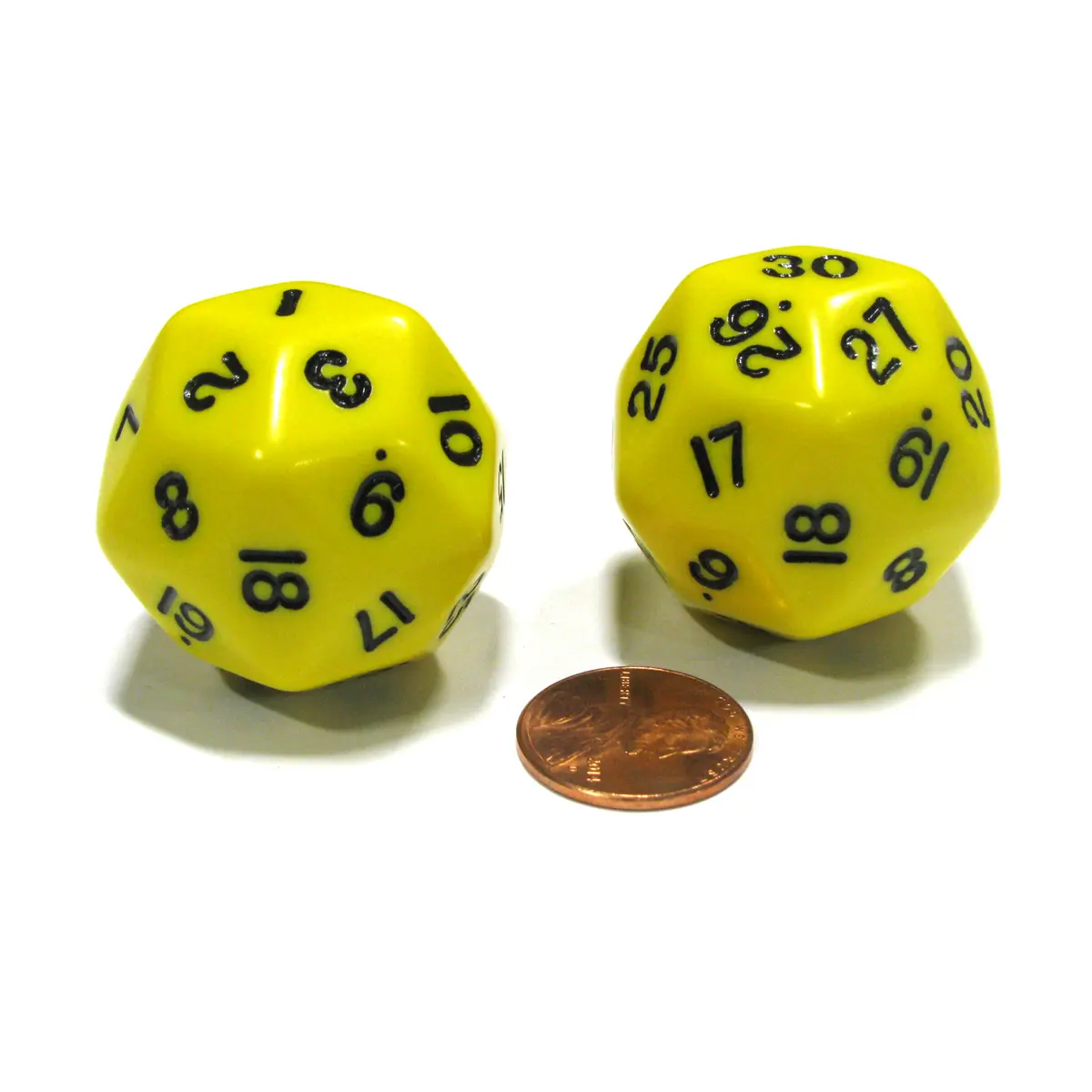 Set of 2 Triantakohedron D30 30 Sided 33mm Jumbo Dice - Yellow w Black Numbers