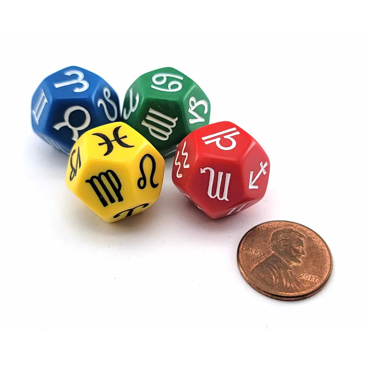 Set of 4 18mm D12 Zodiac Symbols Dice - 1 of each color: Red, Green, Blue, Yellow