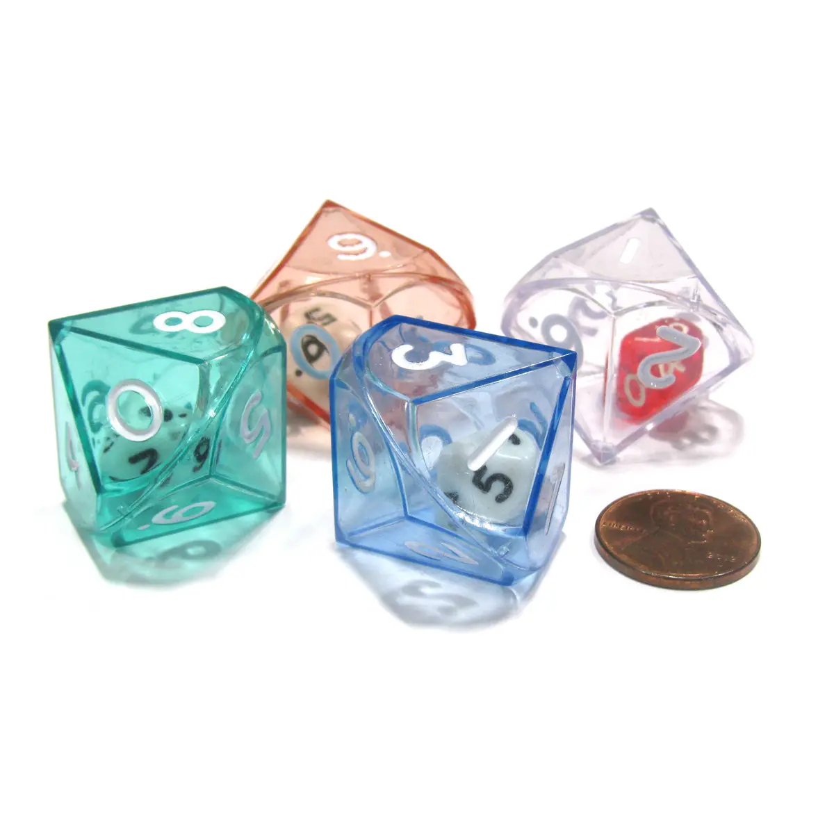 Set of 4 D10 26mm Double Dice, 2-In-1 Dice - 1 Each of Green Red Blue Clear
