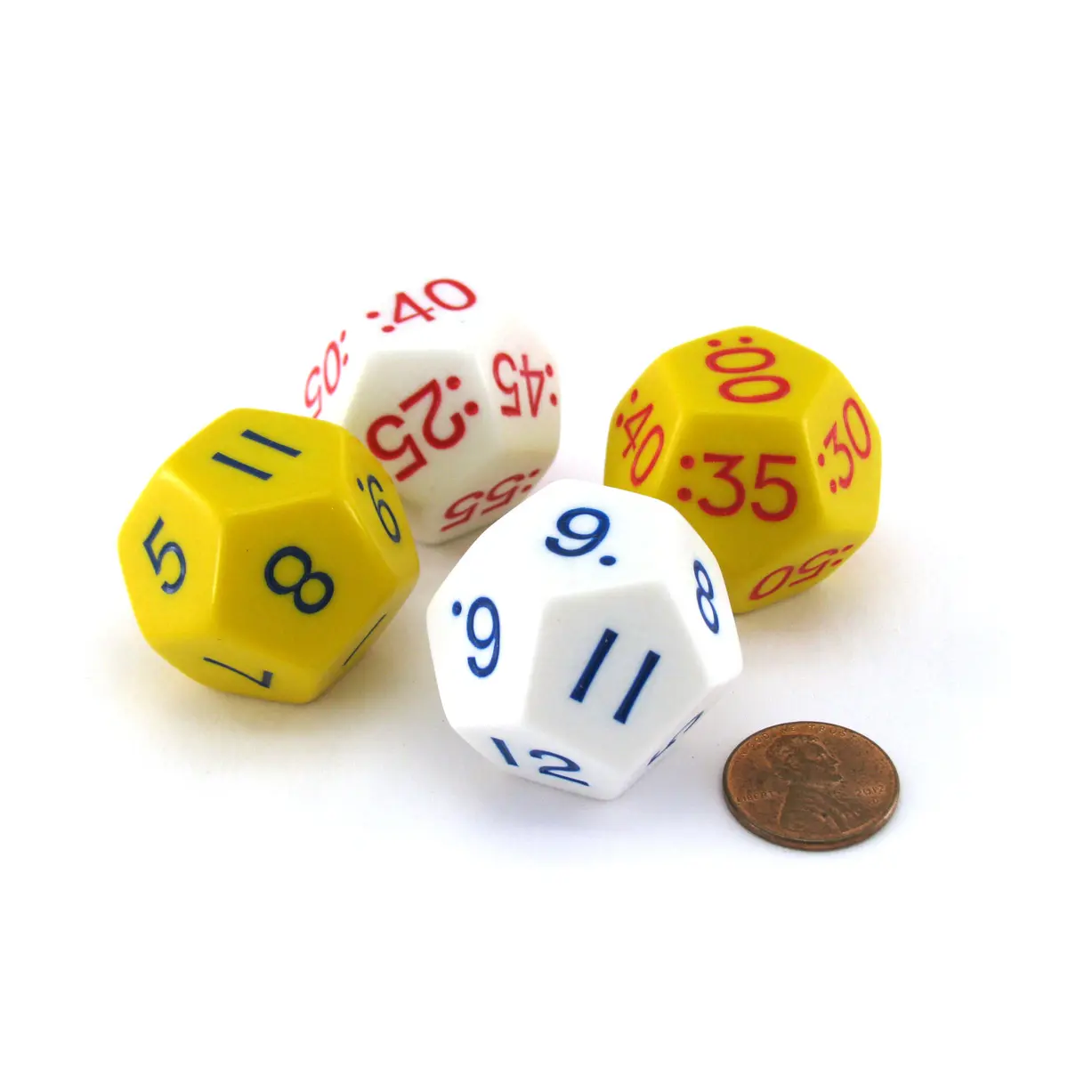 Set of 4 Jumbo D12 Elapsed Time Educational Dice - 2 Each of Yellow and White