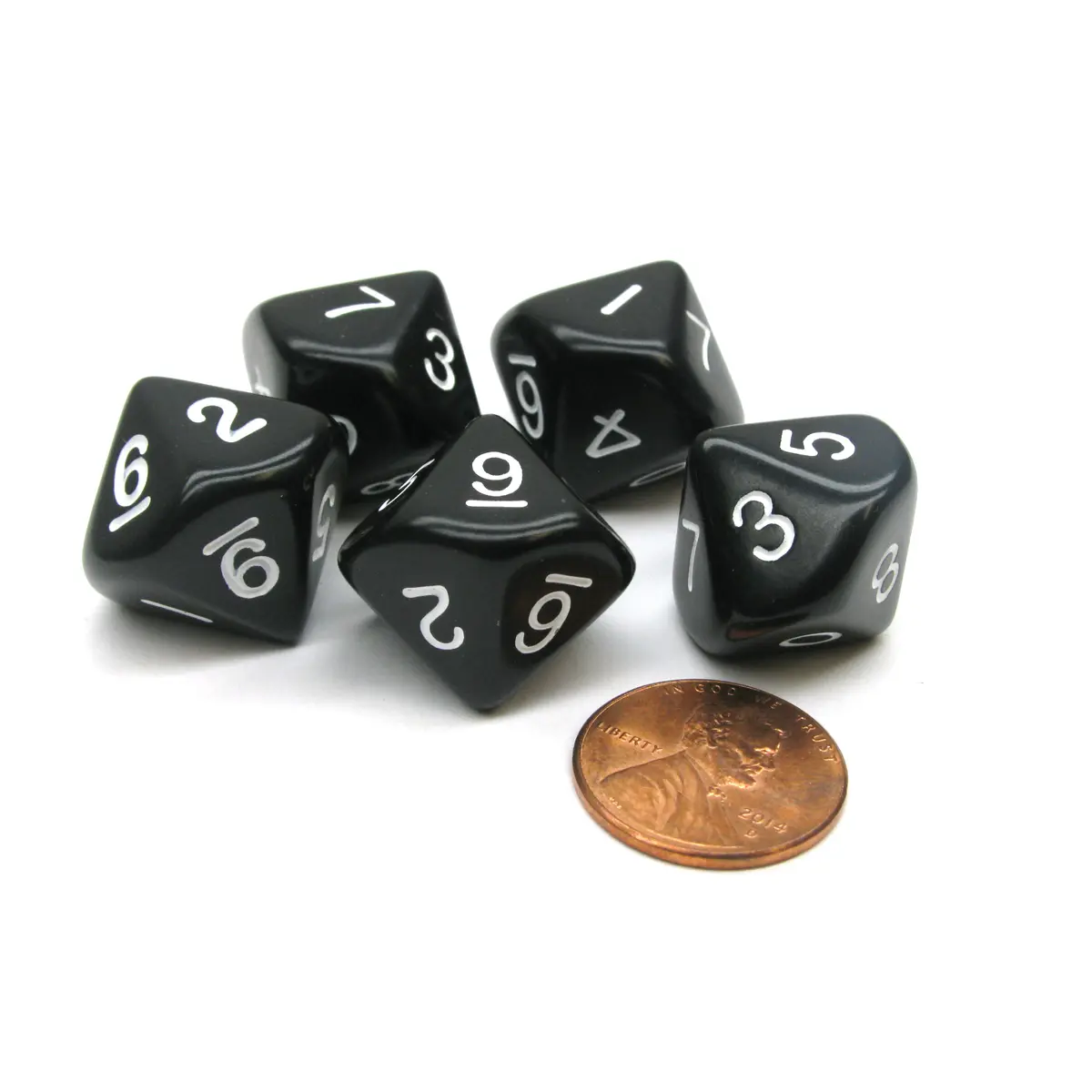 Set of 5 D10 10-Sided 16mm Opaque RPG Dice - Black with White Numbers
