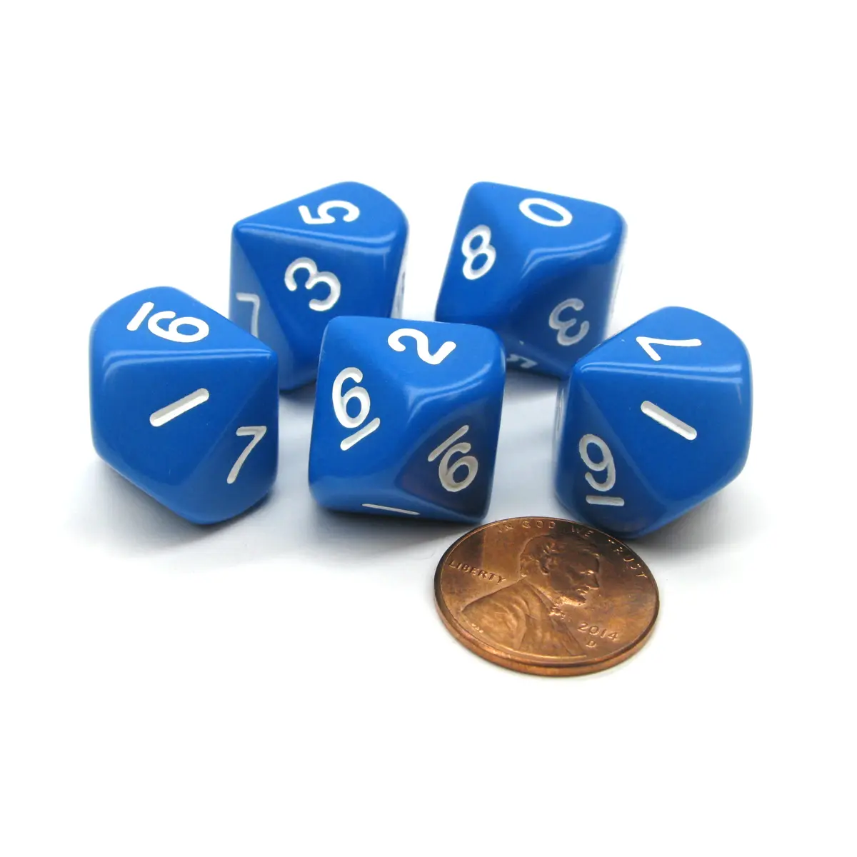 Set of 5 D10 10-Sided 16mm Opaque RPG Dice - Blue with White Numbers