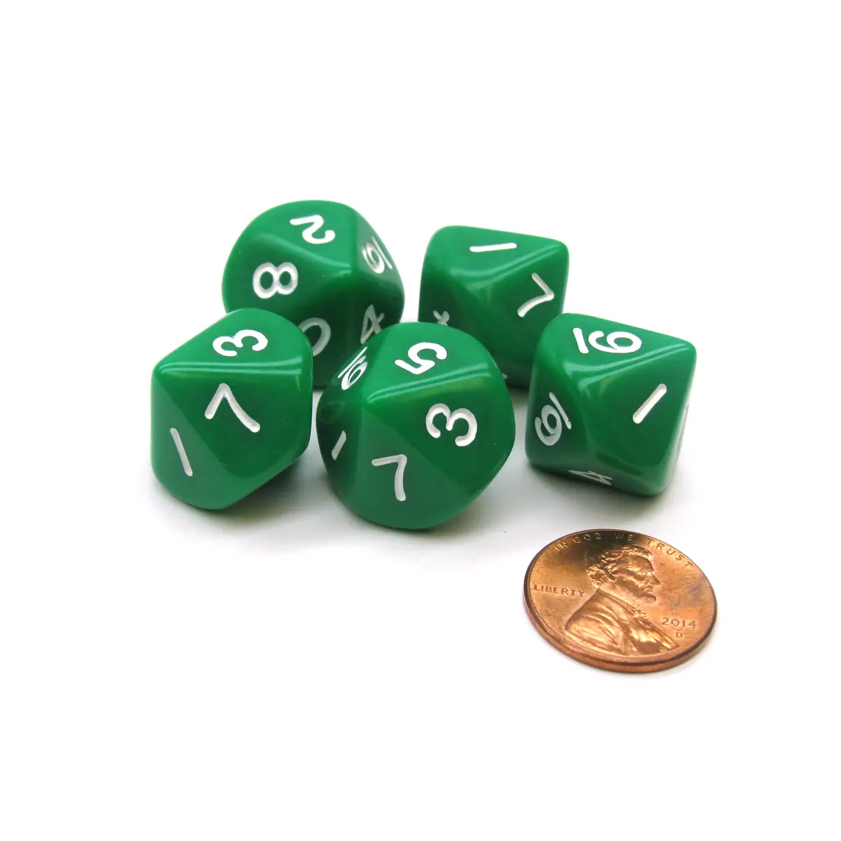 Set of 5 D10 10-Sided 16mm Opaque RPG Dice - Green with White Numbers