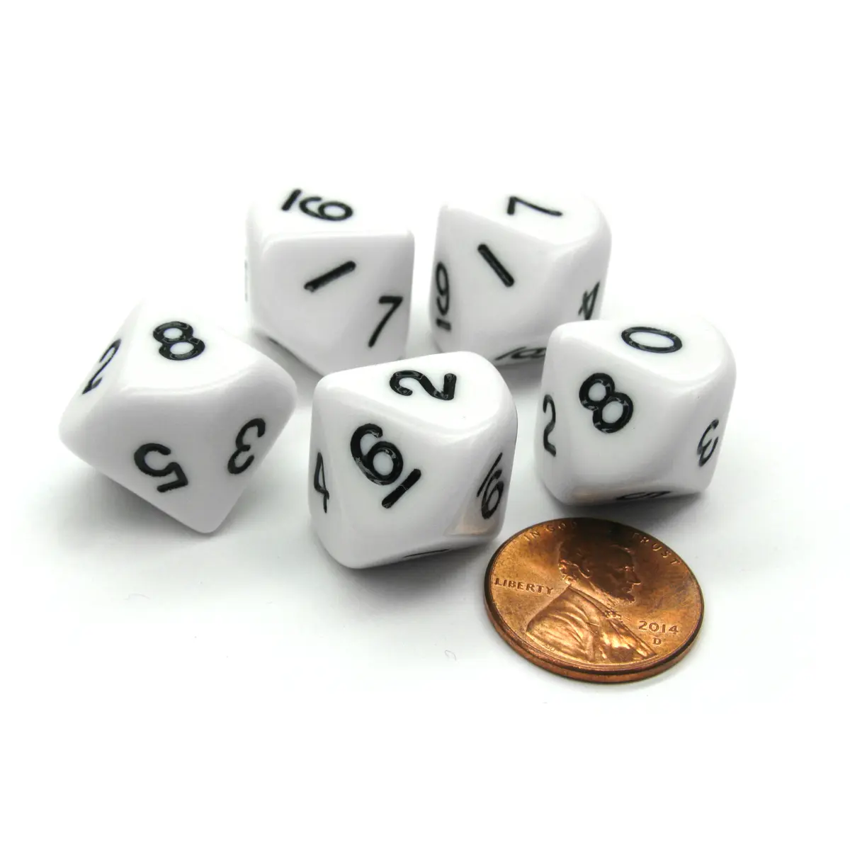 Set of 5 D10 10-Sided 16mm Opaque RPG Dice - White with Black Numbers