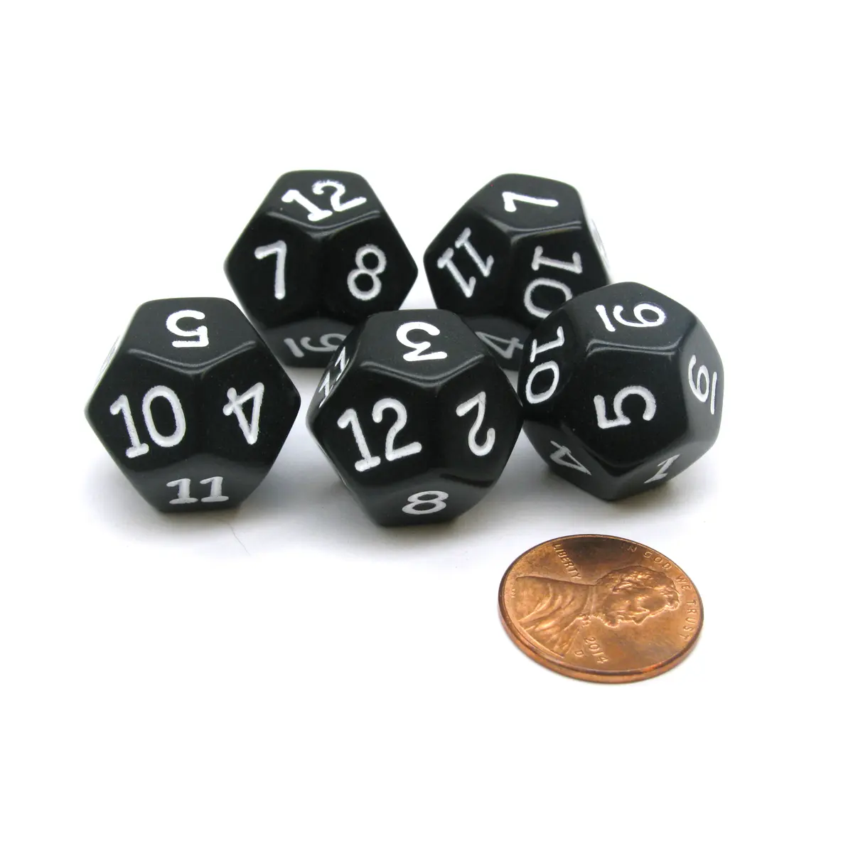 Set of 5 D12 12-Sided 18mm Opaque RPG Dice - Black with White Numbers