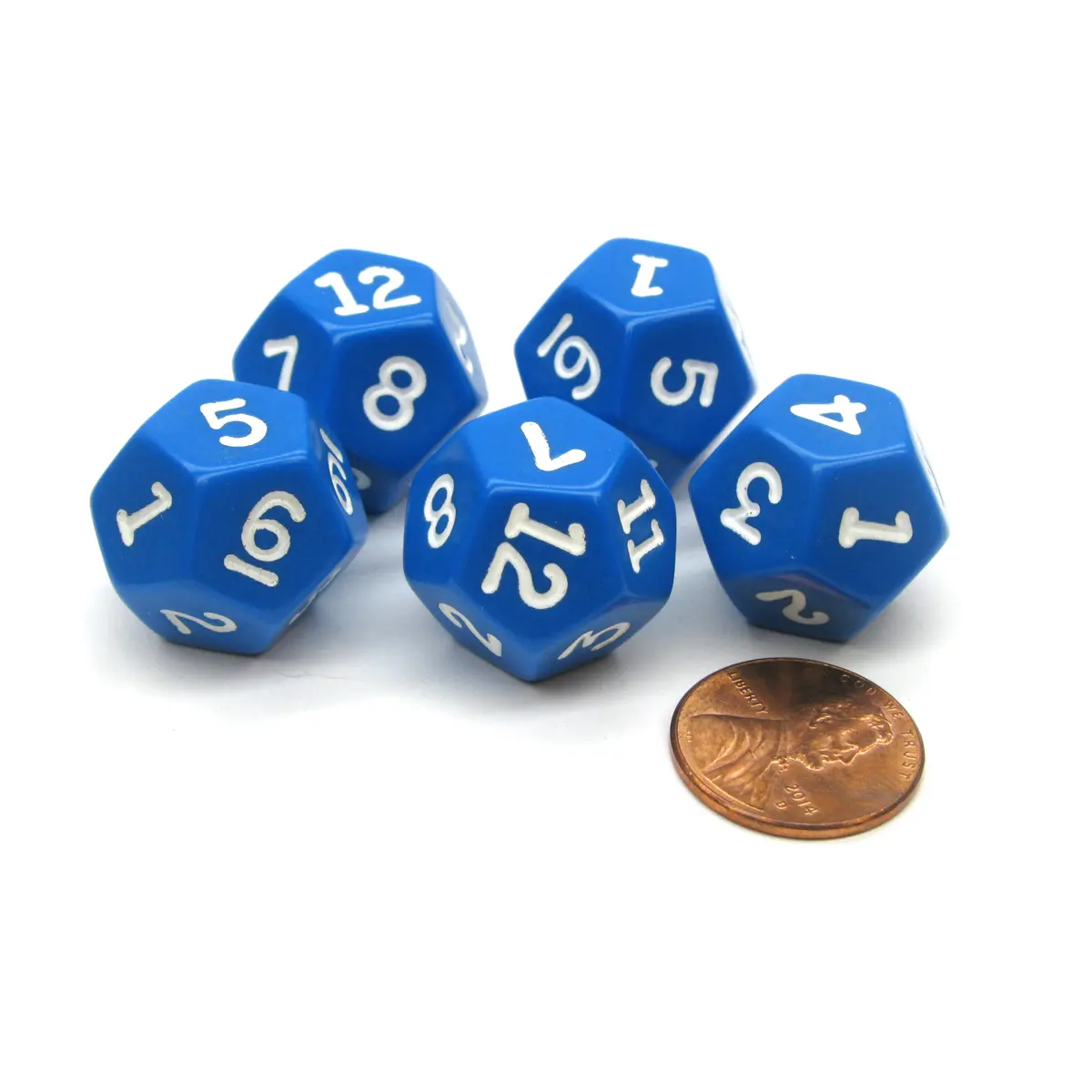 Set of 5 D12 12-Sided 18mm Opaque RPG Dice - Blue with White Numbers