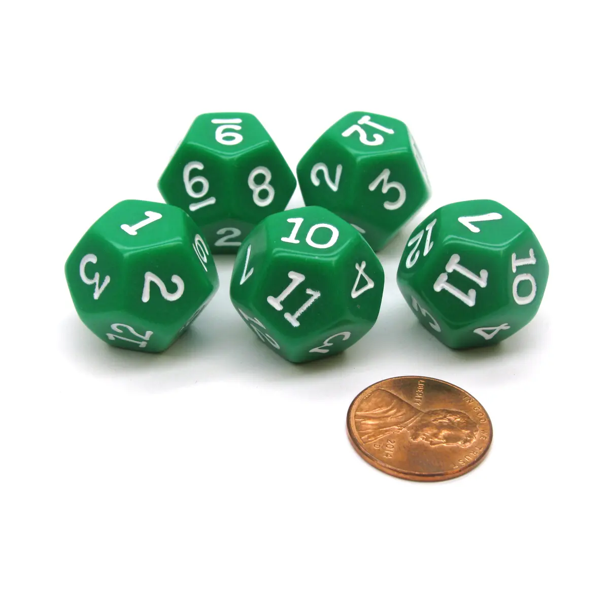 Set of 5 D12 12-Sided 18mm Opaque RPG Dice - Green with White Numbers