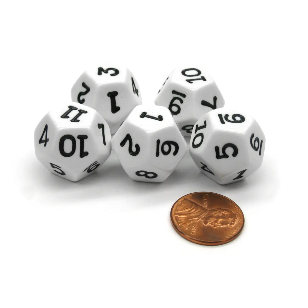 Set of 5 D12 12-Sided 18mm Opaque RPG Dice - White with Black Numbers