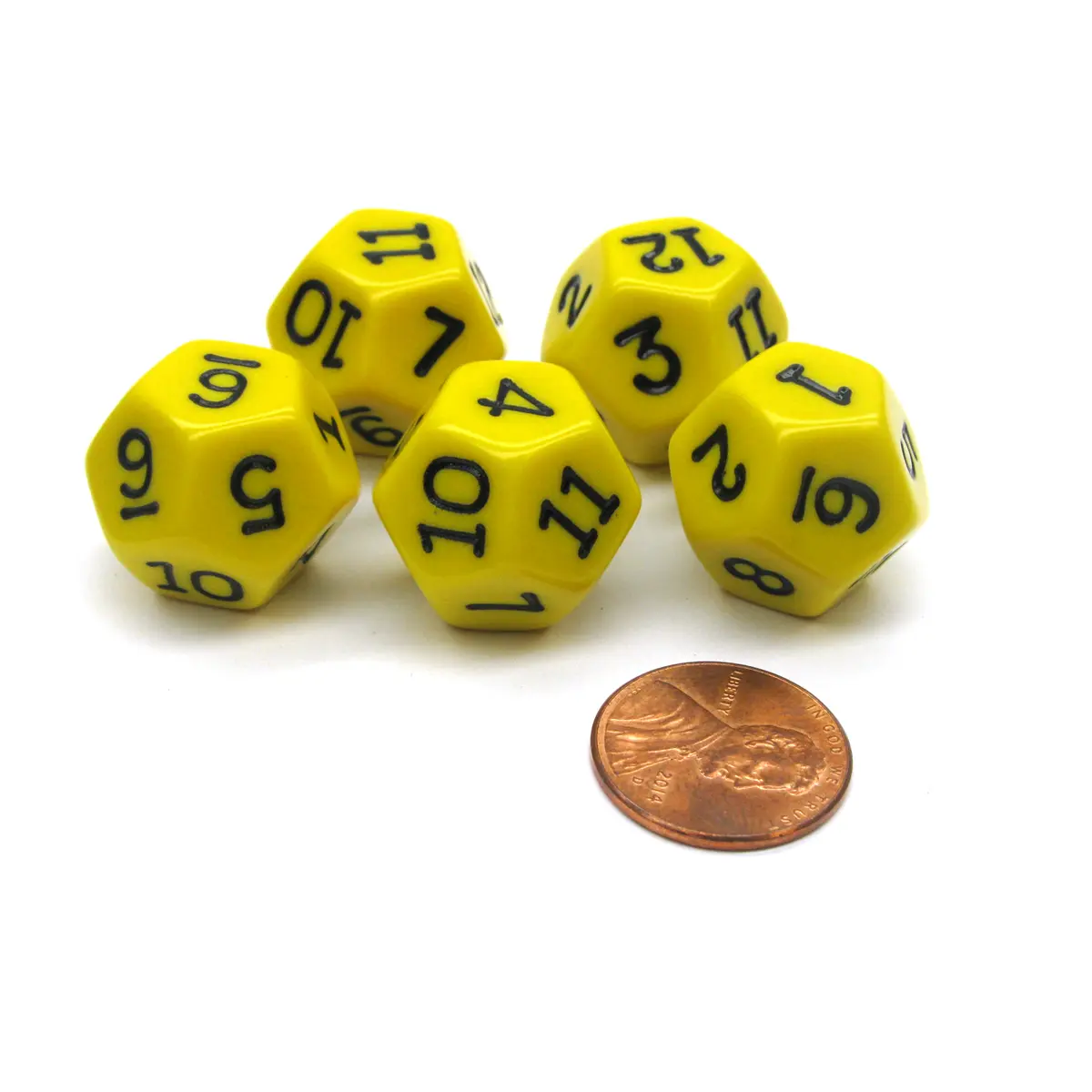 Set of 5 D12 12-Sided 18mm Opaque RPG Dice - Yellow with Black Numbers