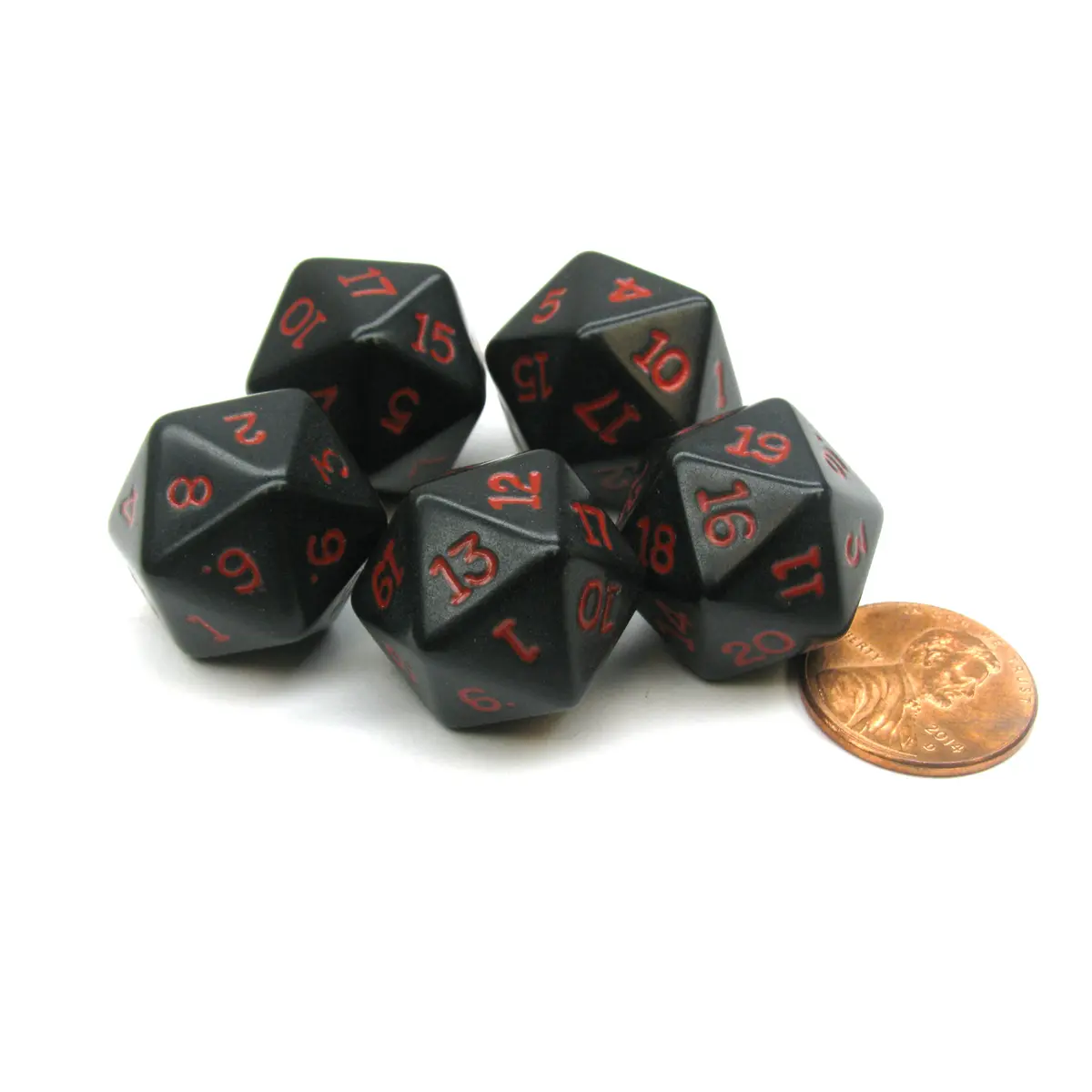 Set of 5 Twenty Sided 19mm D20 Opaque Dice RPG D&D Black with Red Numbers Die