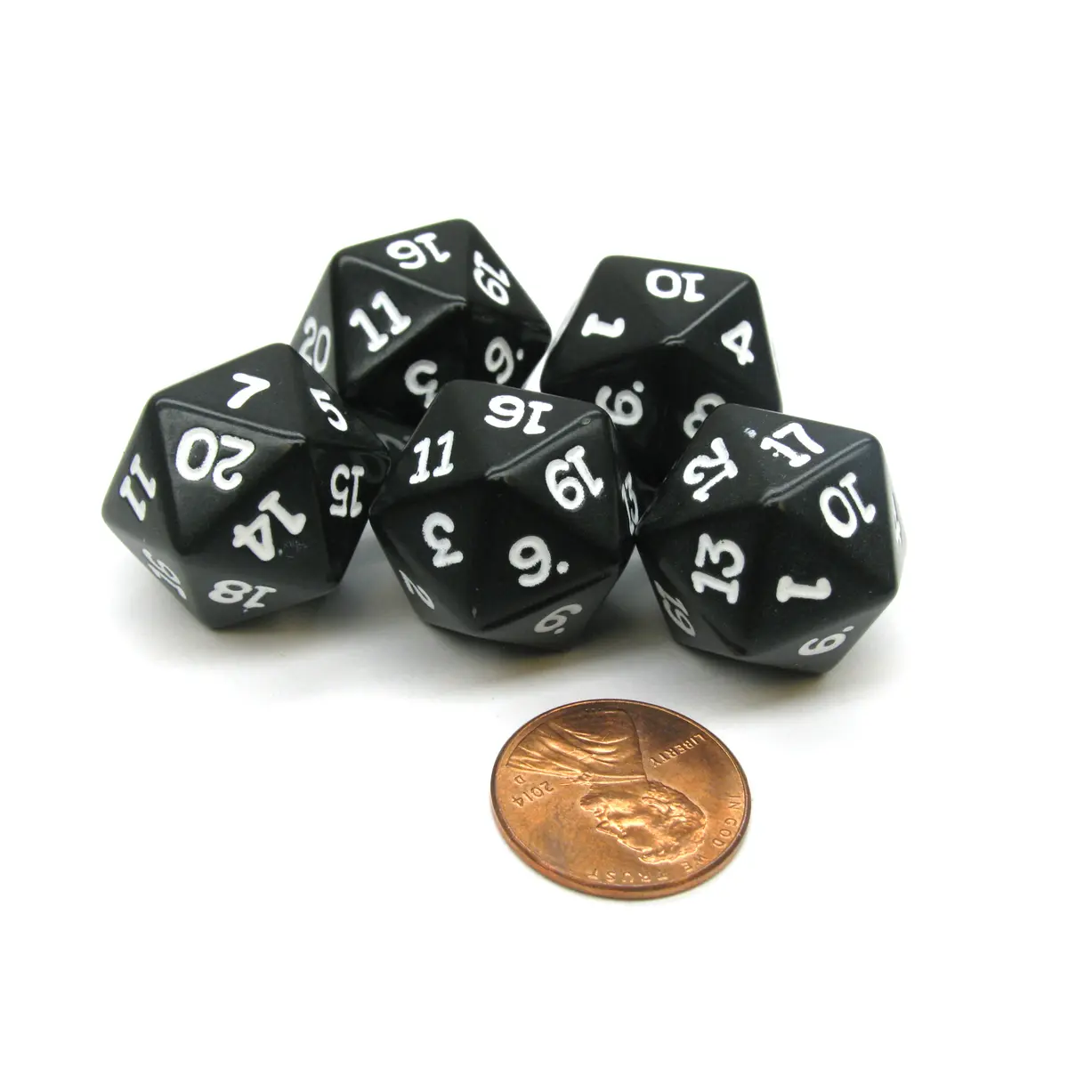 Set of 5 Twenty Sided 19mm D20 Opaque Dice RPG D&D Black with White Numbers Die