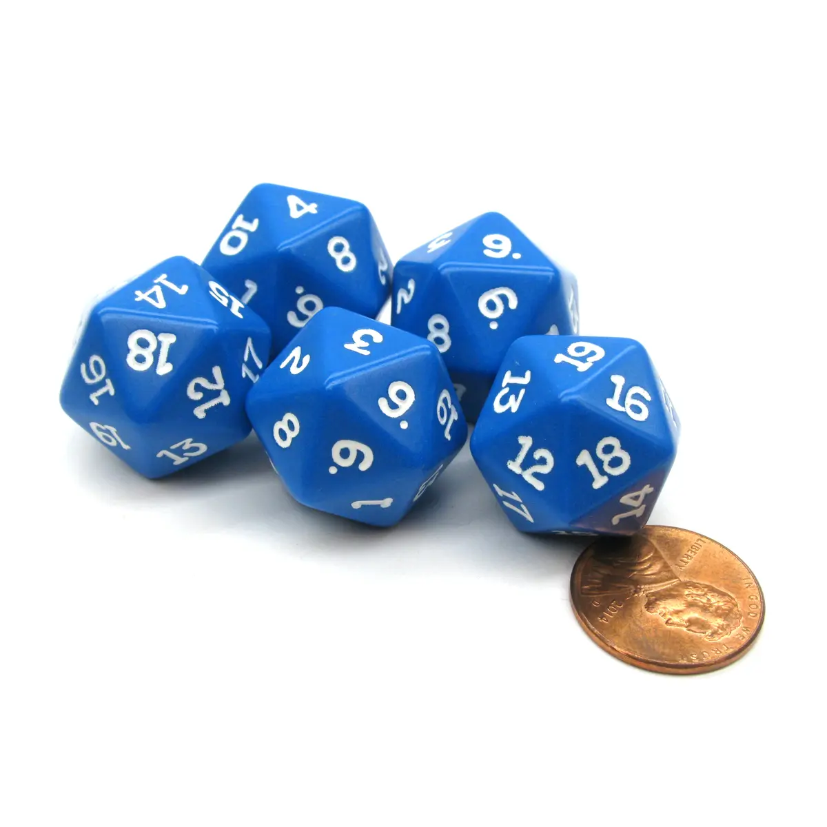 Set of 5 Twenty Sided 19mm D20 Opaque Dice RPG D&D Blue with White Numbers Die