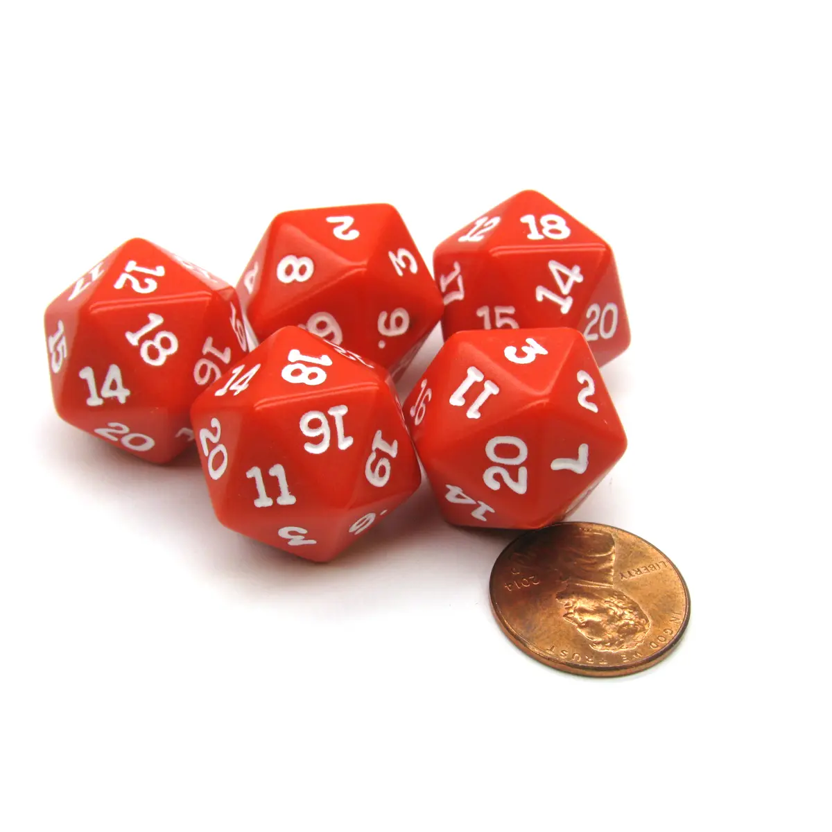 Set of 5 Twenty Sided 19mm D20 Opaque Dice RPG D&D Red with White Numbers Die