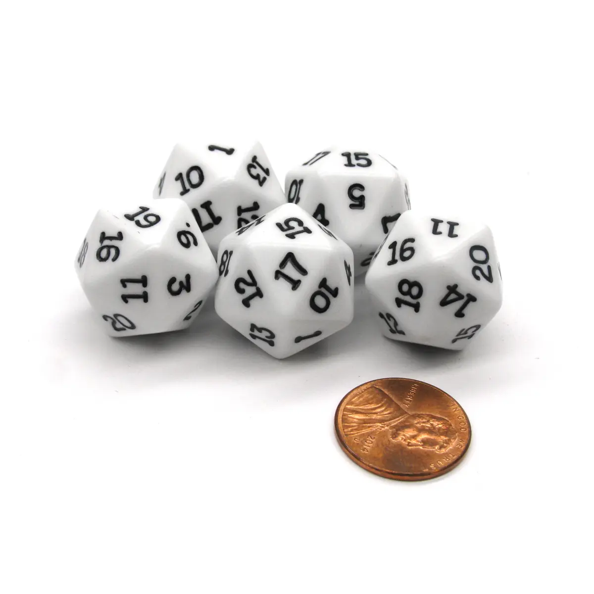 Set of 5 Twenty Sided 19mm D20 Opaque Dice RPG D&D White with Black Numbers Die