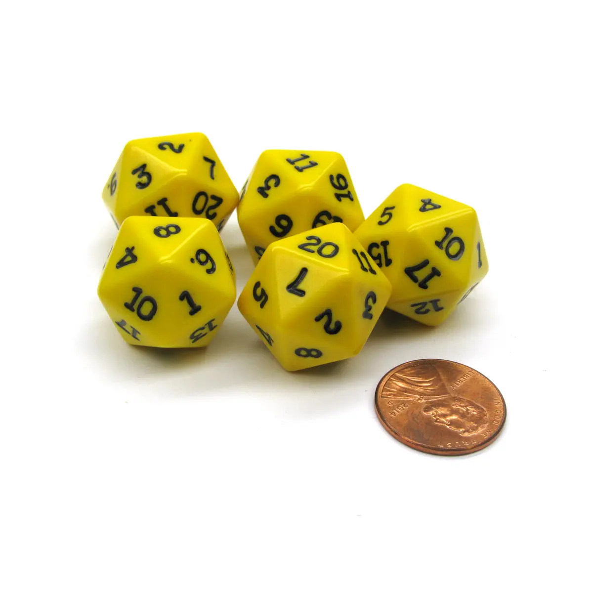 Set of 5 Twenty Sided 19mm D20 Opaque Dice RPG D&D Yellow with Black Numbers Die
