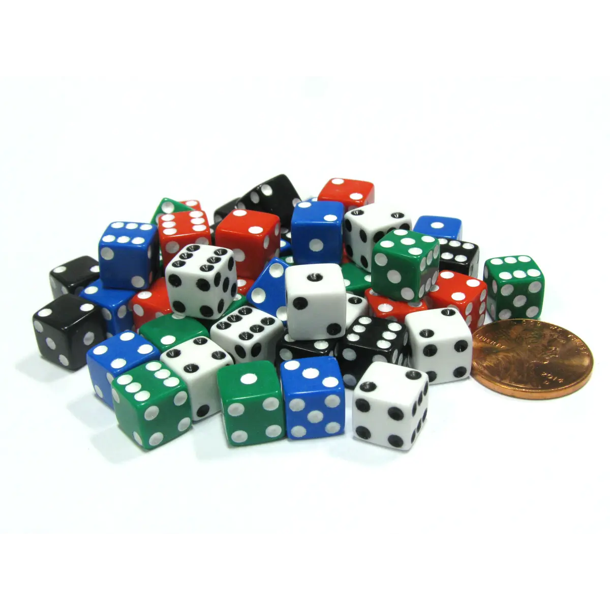 Pack of 50 8mm D6 Small Square-Edge Dice, 10 of Each: Red White Blue Green Black