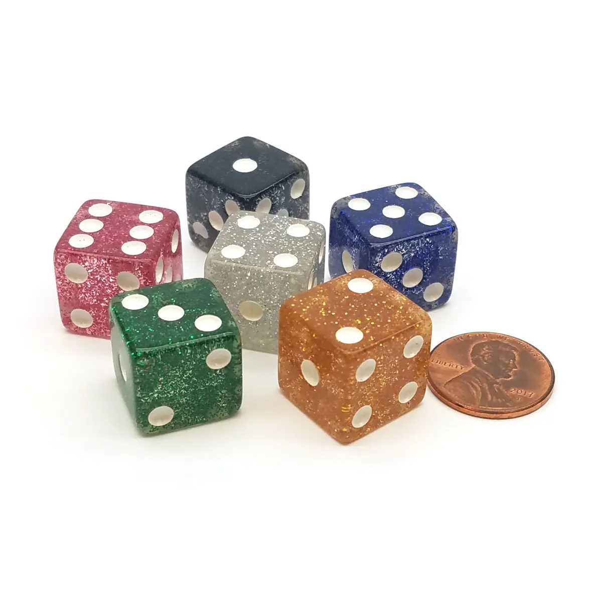 Set of 6 16mm D6 Glitter Dice - 1 Each of Red Black Green Yellow Blue White