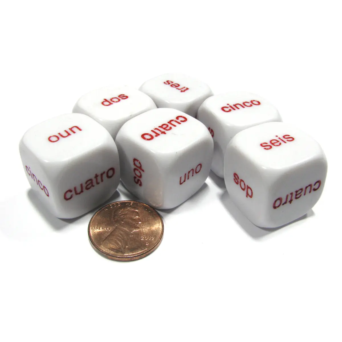 Set of 6 20mm Spanish Word Number Dice - uno, dos, tres, cuatro, cinco, seis