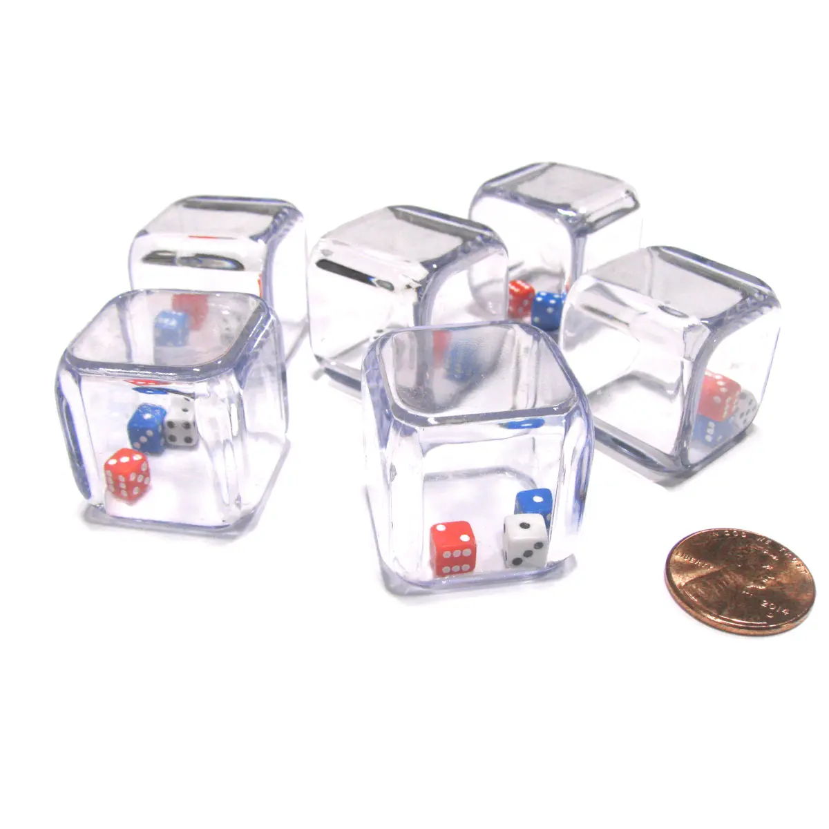 Set of 6 '3 In a Cube' Dice - 5mm Red White and Blue Tiny Dice Inside 25mm Cube