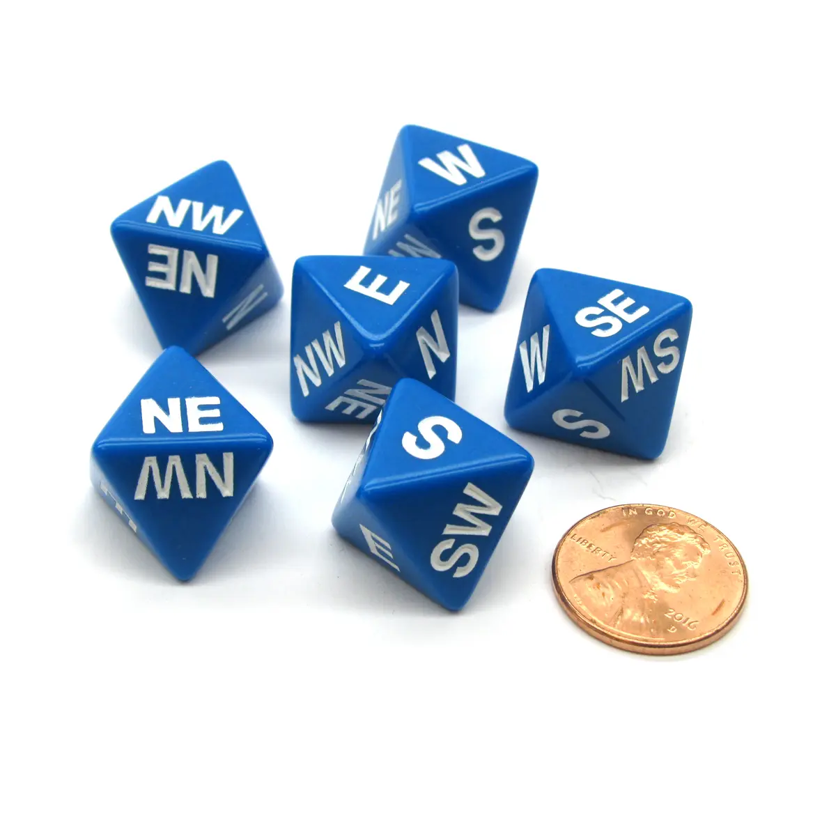 Set of 6 Compass Cardinal Direction 8 Sided Dice - Blue with White Letters