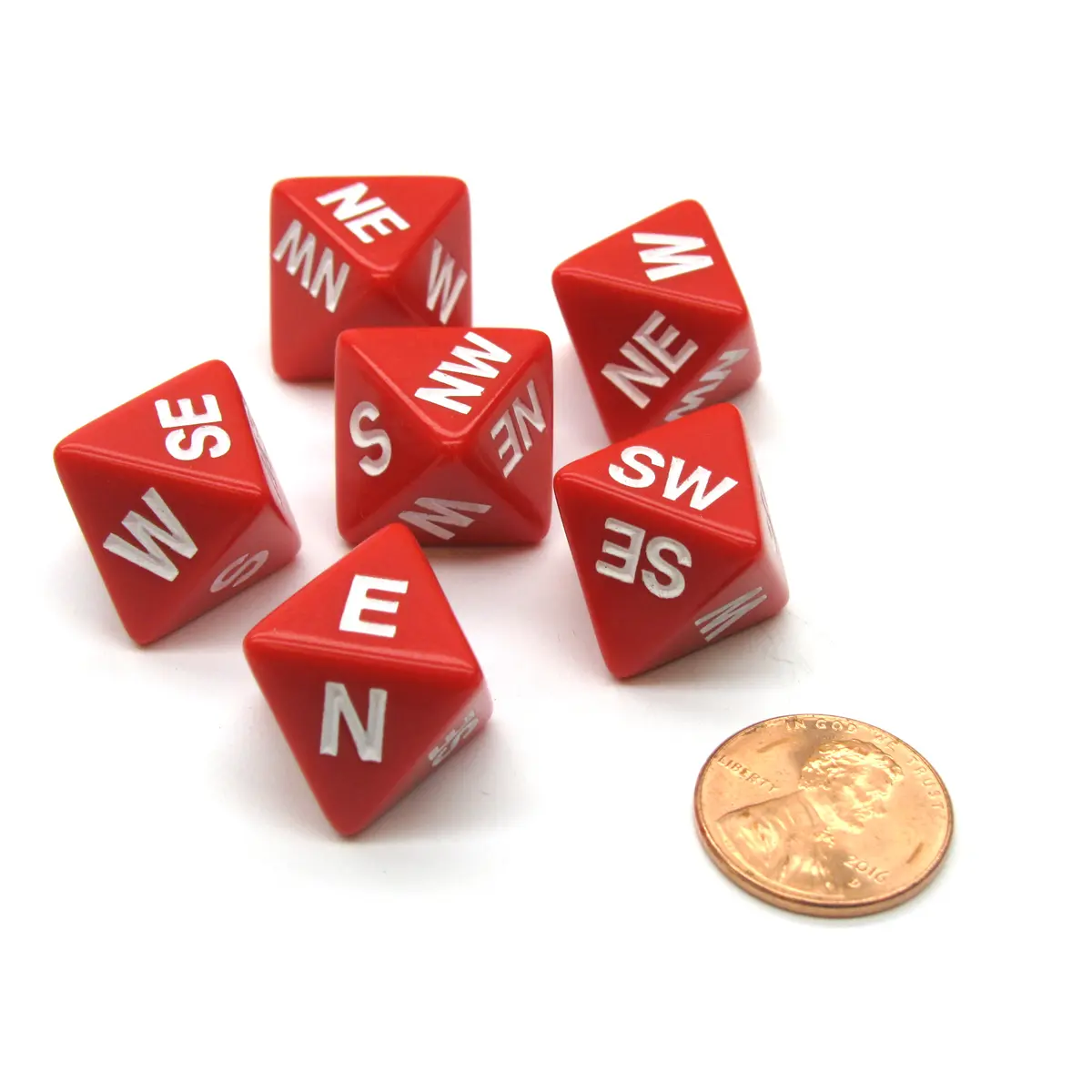 Set of 6 Compass Cardinal Direction 8 Sided Dice - Red with White Letters