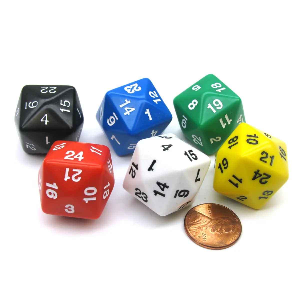 Set of 6 D24 24mm Dice-Assorted-1 Each of Red, White, Blue, Black, Green, Yellow