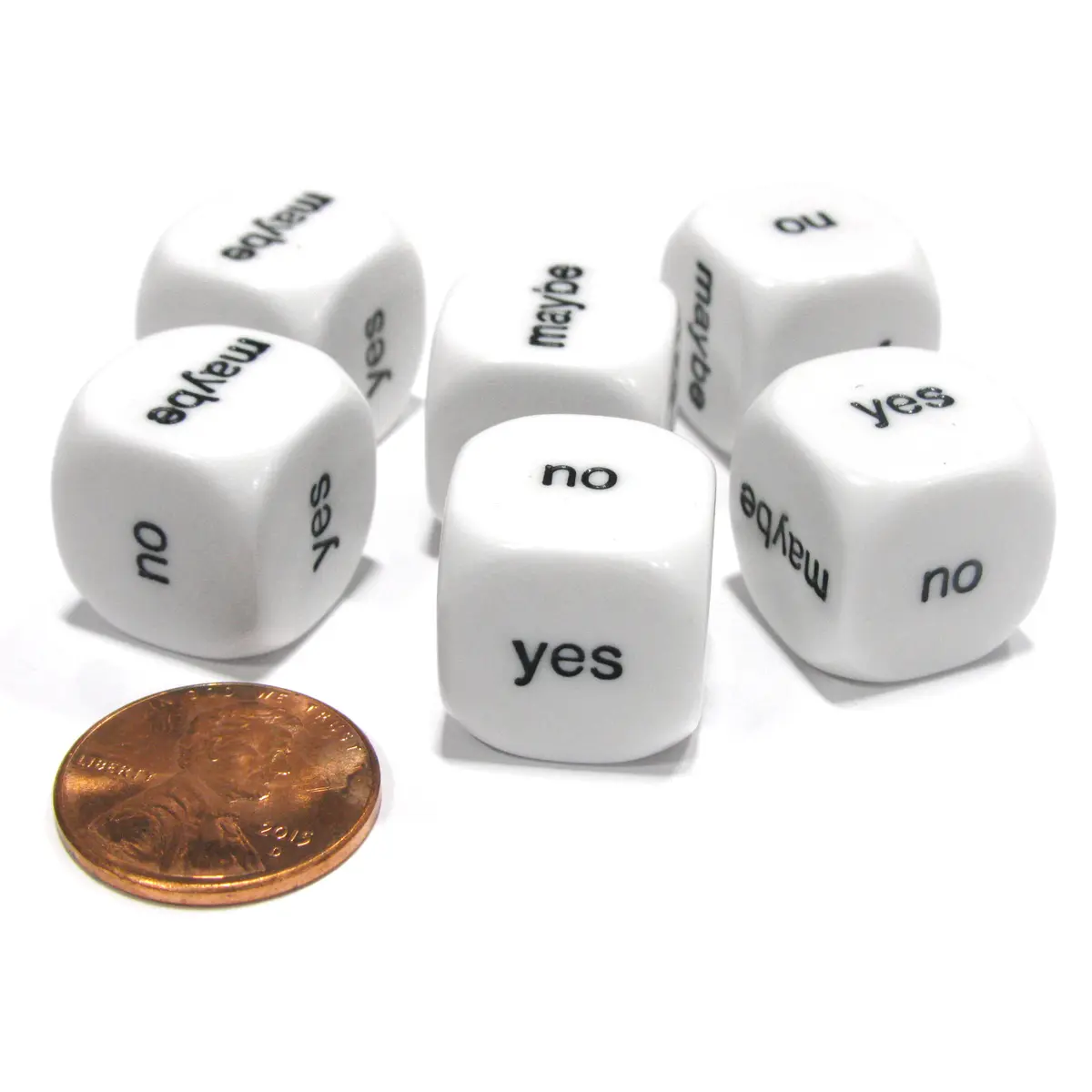 Set of 6 D6 16mm Yes, No, Maybe Decisions Dice - White with Black Letters