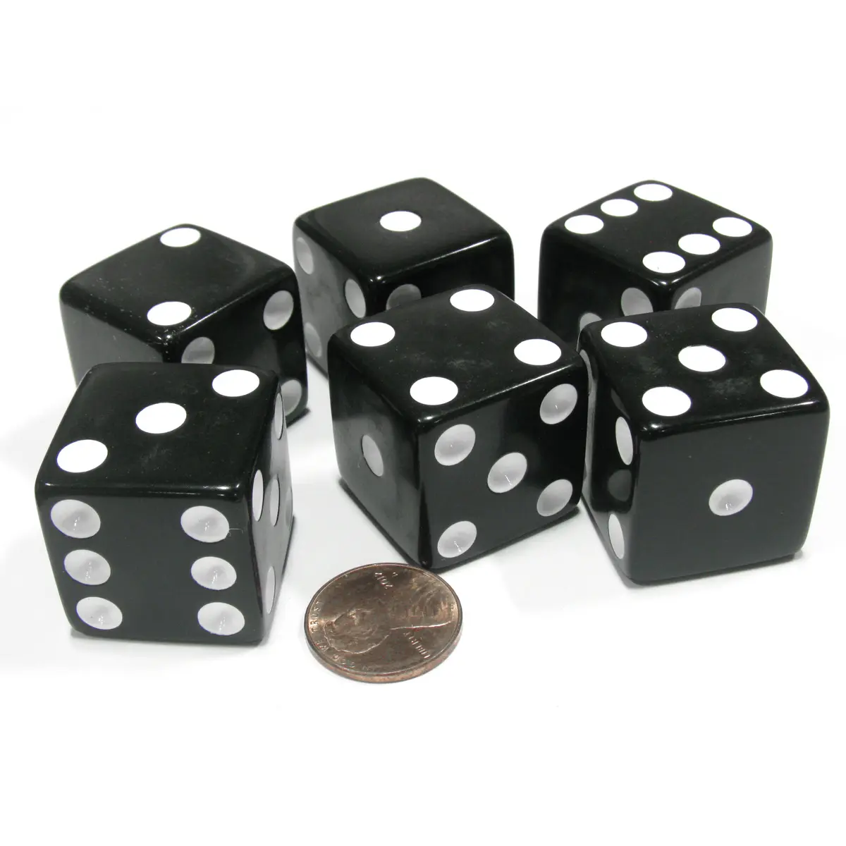 Set of 6 D6 25mm Large Opaque Jumbo Dice - Black with White Pip