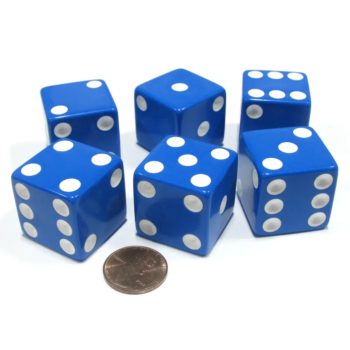 Set of 6 D6 25mm Large Opaque Jumbo Dice - Blue with White Pip