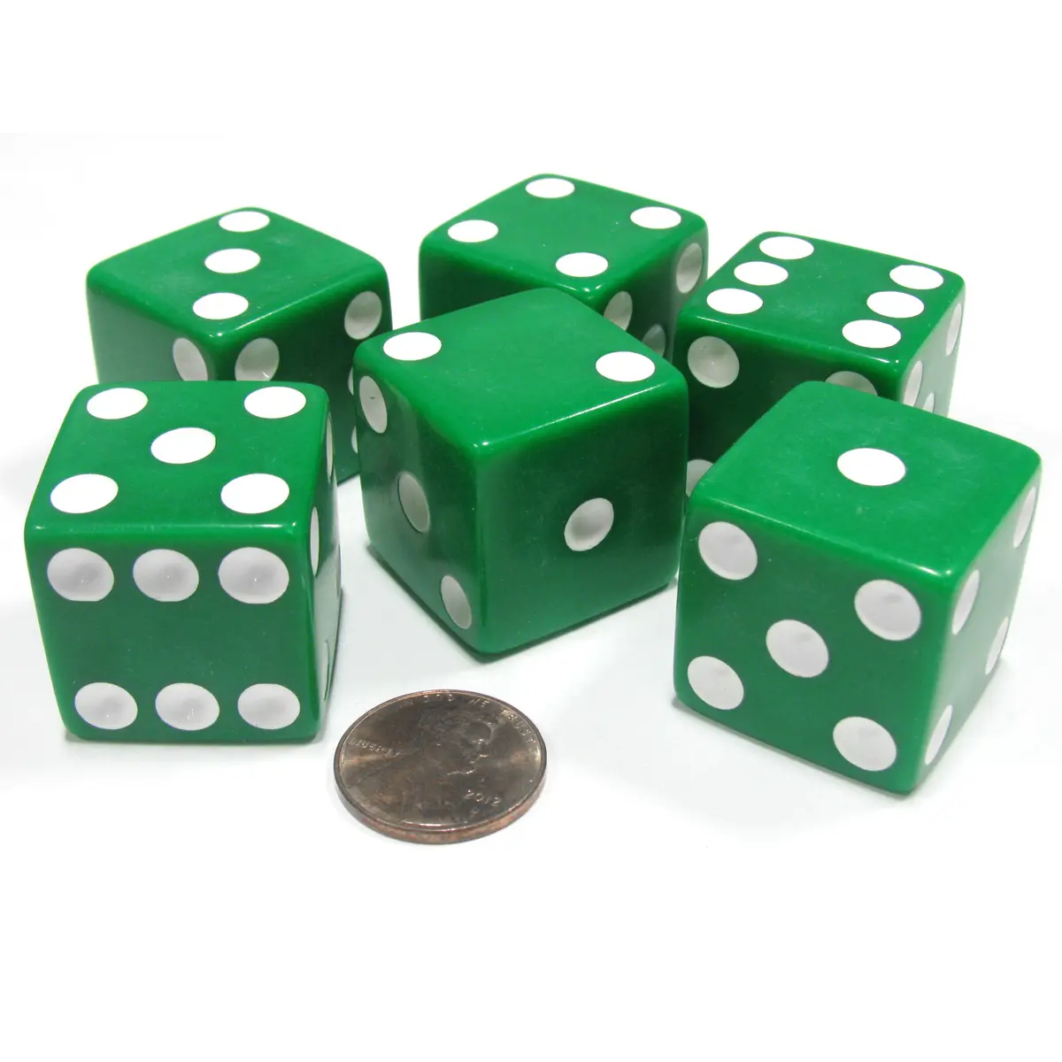 Set of 6 D6 25mm Large Opaque Jumbo Dice - Green with White Pip