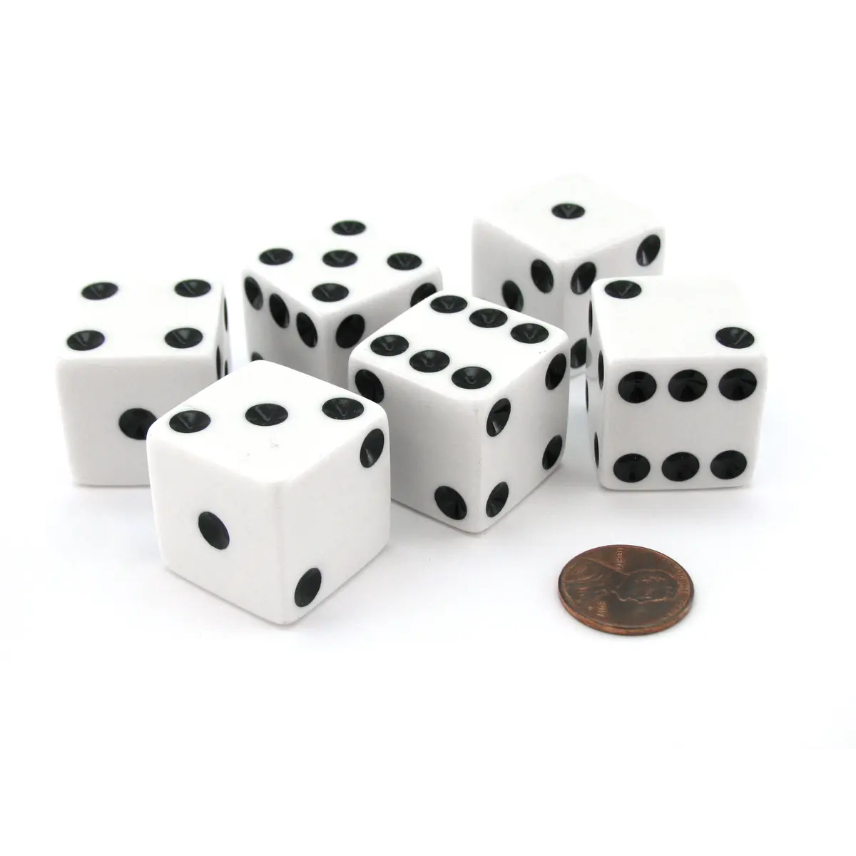 Set of 6 D6 25mm Large Opaque Jumbo Dice - White with Black Pip