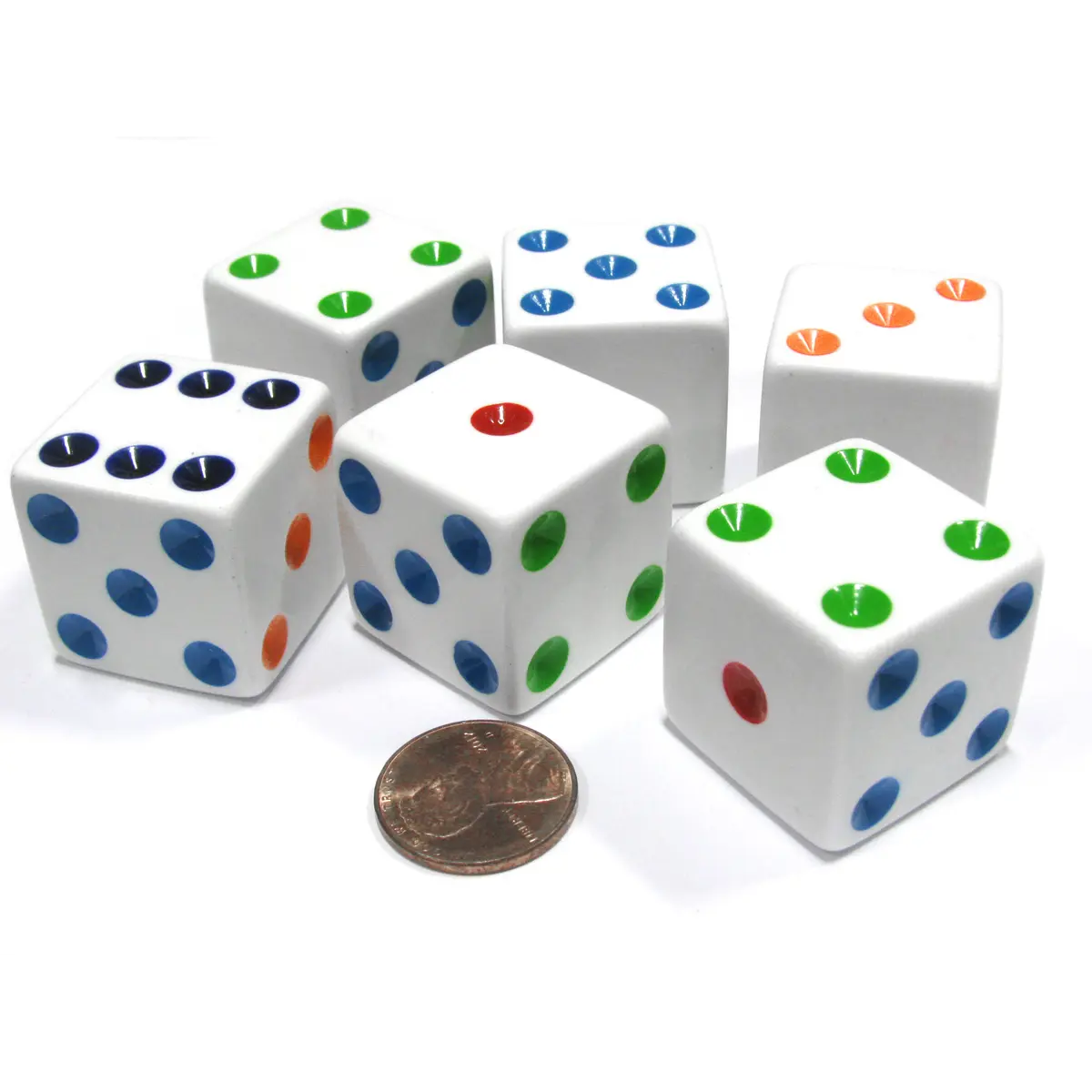 Set of 6 D6 25mm Large Opaque Jumbo Dice - White with Multicolor Pip
