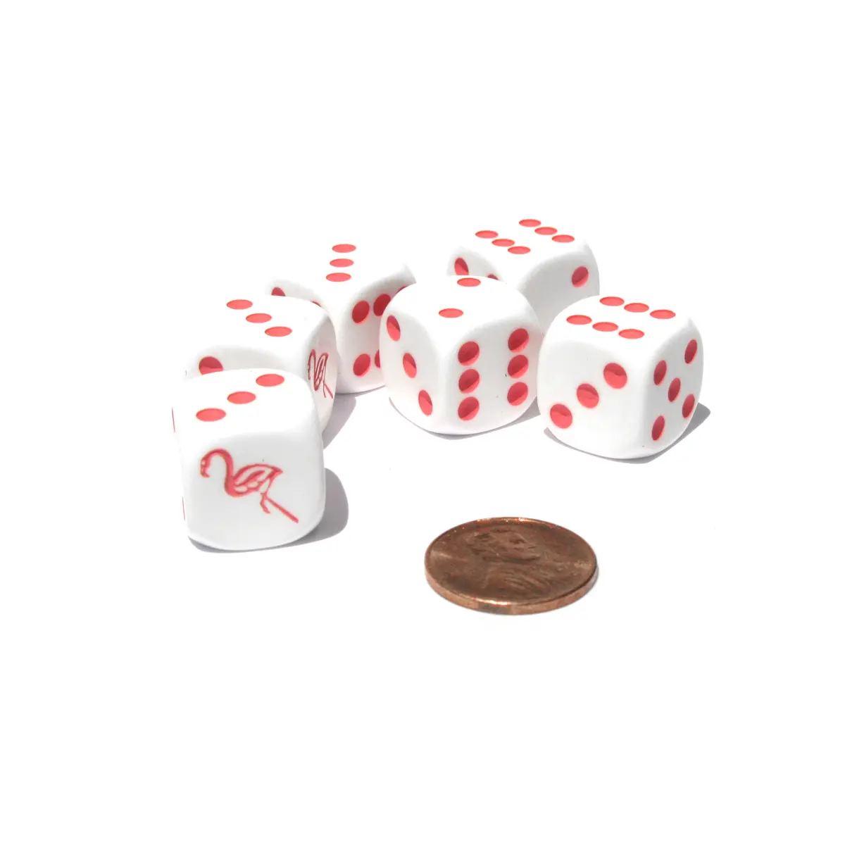Set of 6 Flamingo 16mm D6 Round Edged Animal Dice - White with Pink Pips