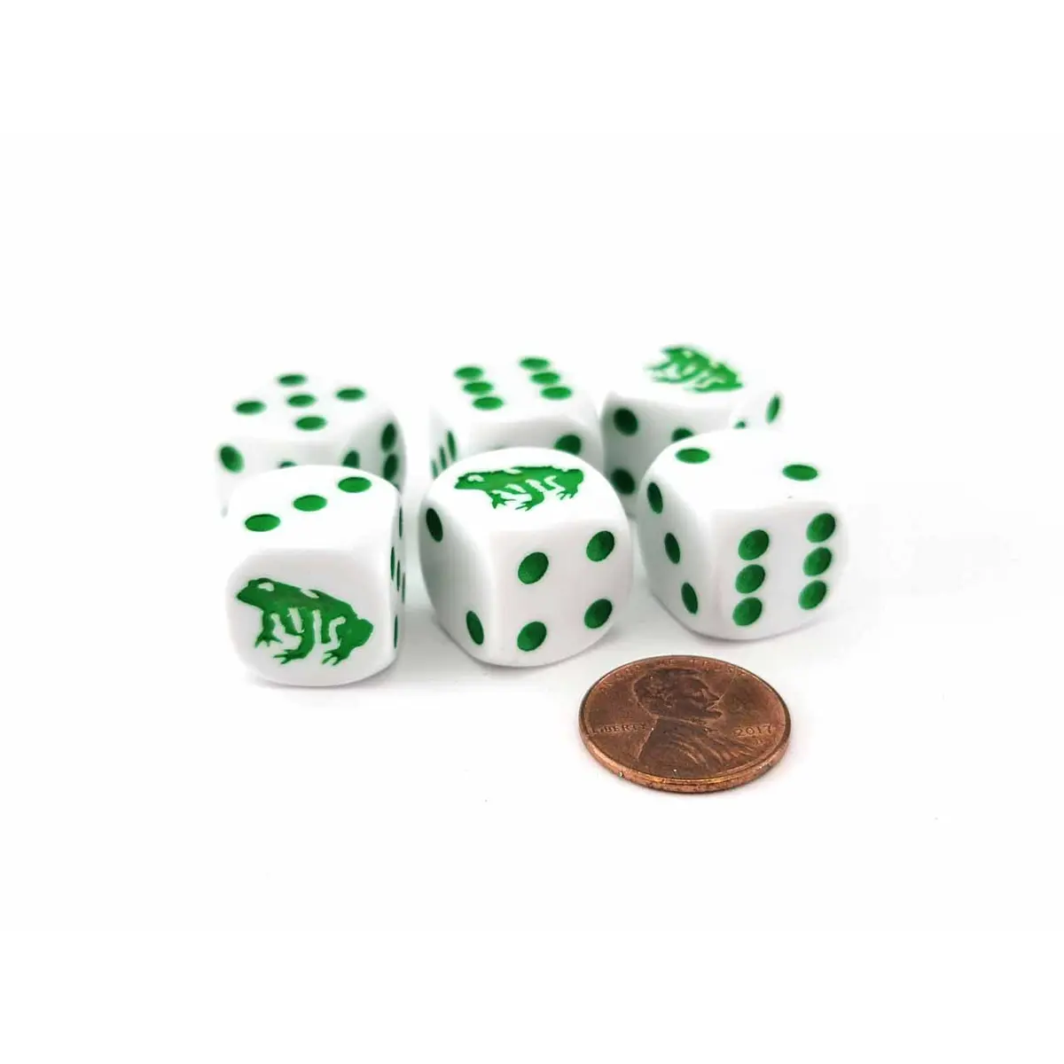 Set of 6 Frog 16mm D6 Round Edged Animal Dice - White with Green Pips
