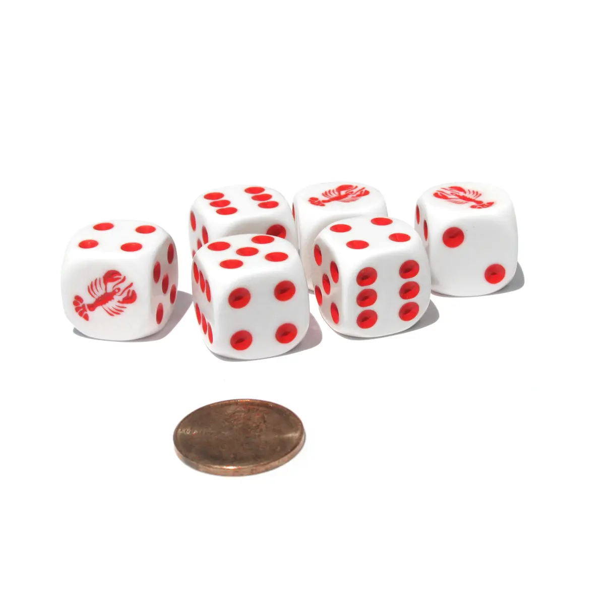 Set of 6 Lobster 16mm D6 Round Edged Animal Dice - White with Red Pips