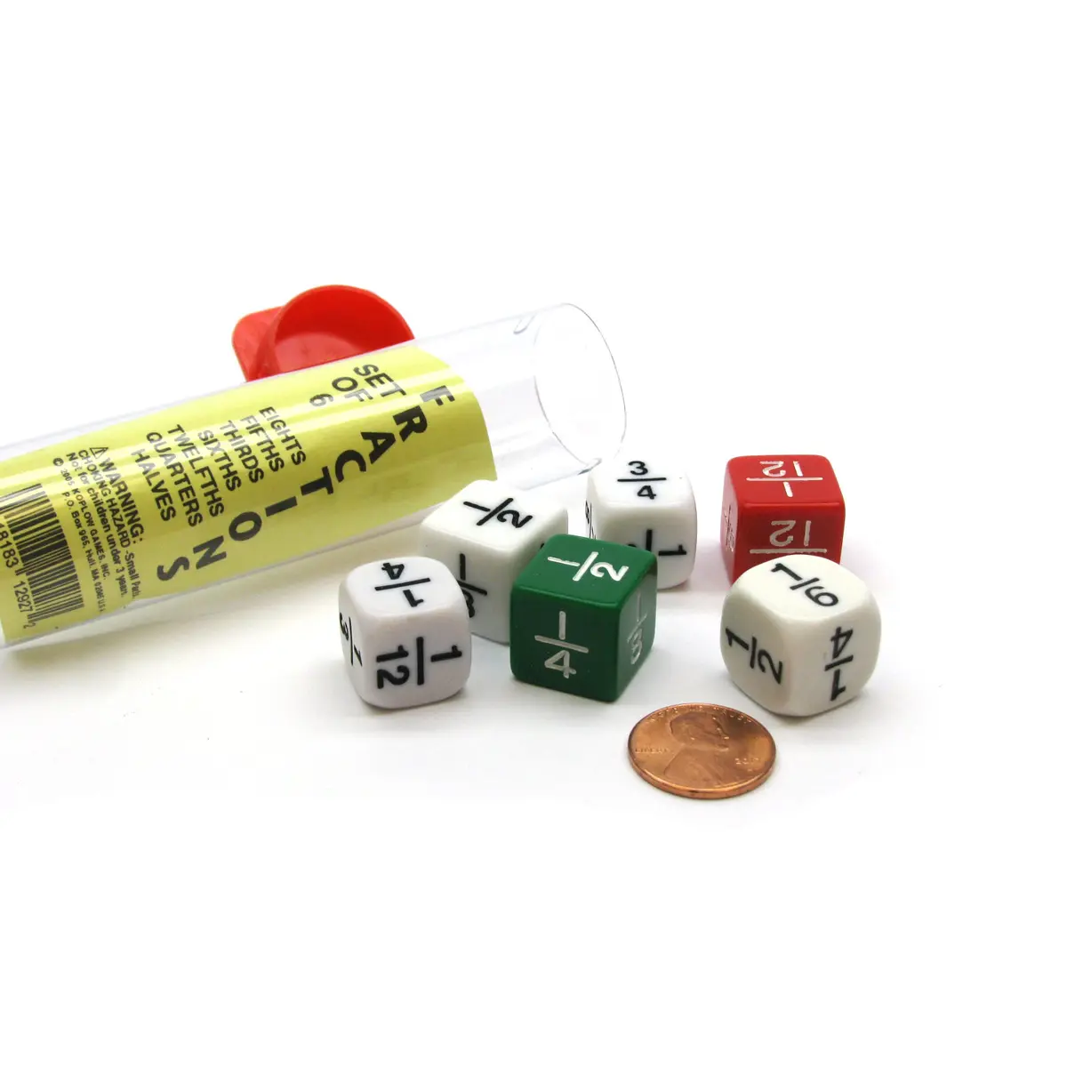 Set of 6 Math Dice: Eights, Fifths, Thirds, Sixths, Twelfths, Quarters, Halves