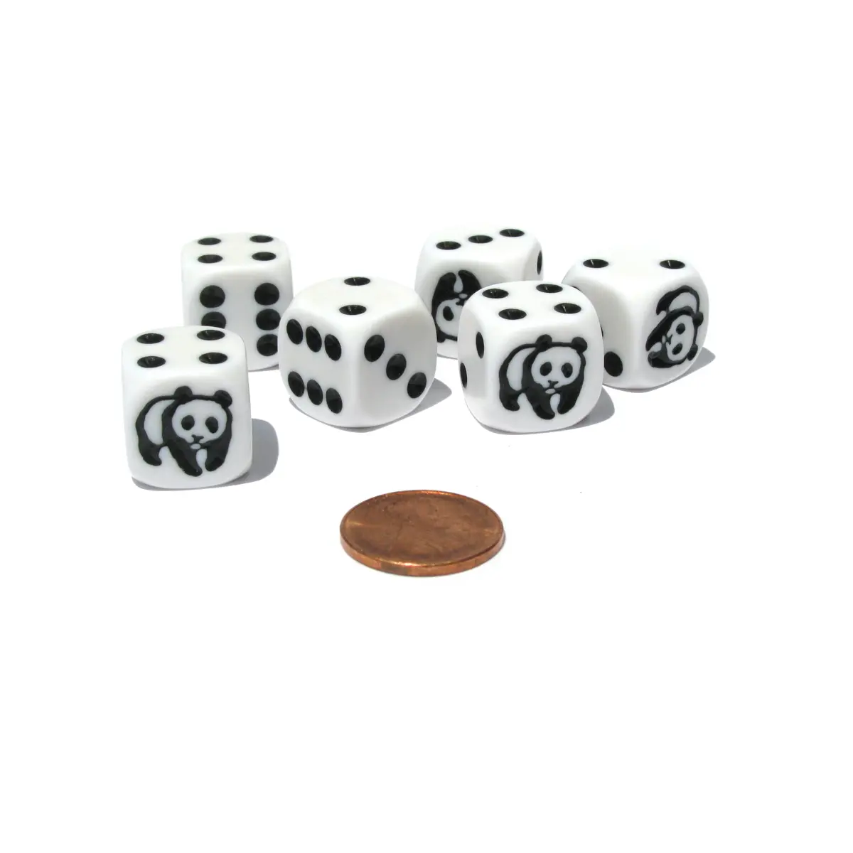 Set of 6 Panda 16mm D6 Round Edged Animal Dice - White with Black Pips