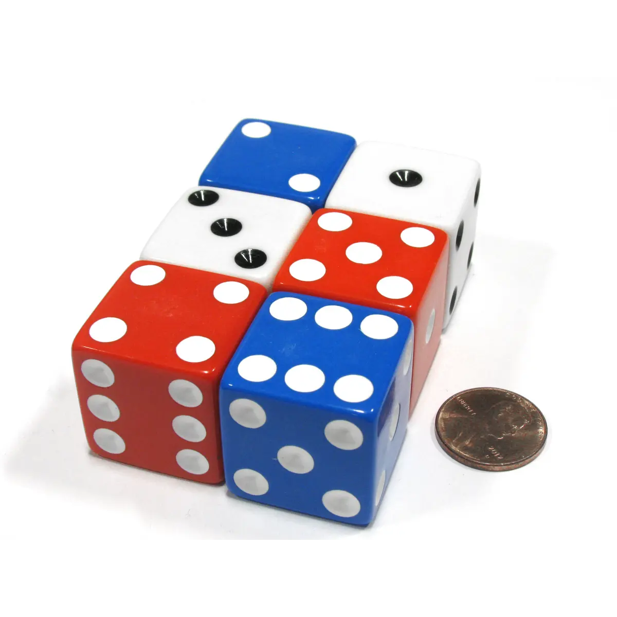 Set of 6 Patriotic D6 25mm Large Opaque Jumbo Dice- 2 Each of Red White and Blue