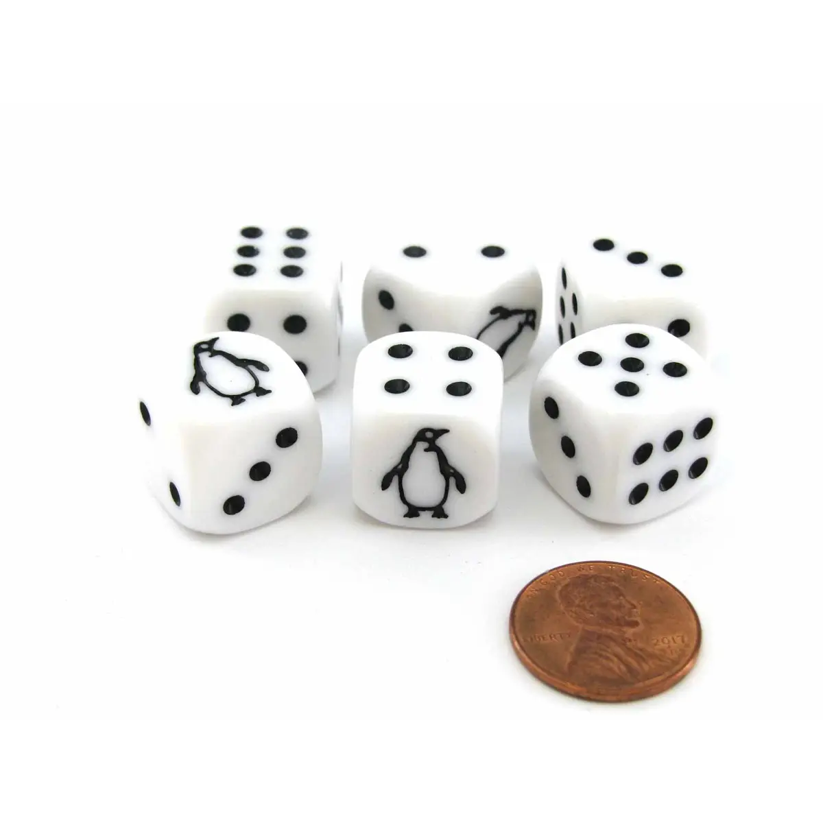 Set of 6 Penguin 16mm D6 Round Edged Animal Dice - White with Black Pips