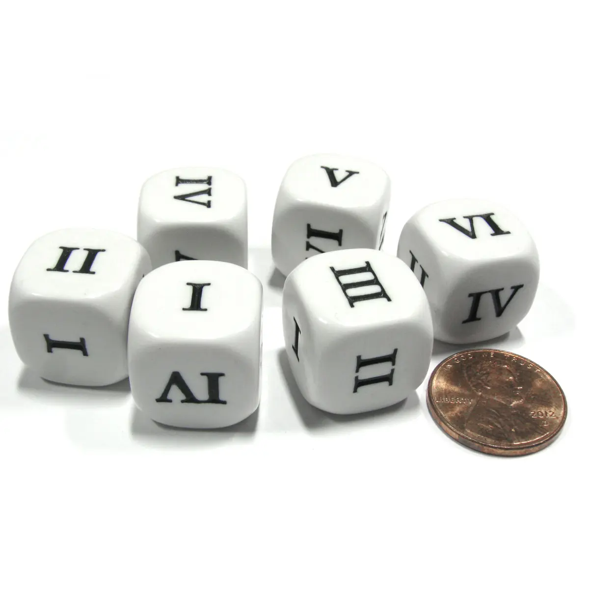 Set of 6 Roman Numerals I-VI (1-6) 16mm Six-Sided Dice- White with Black Numbers