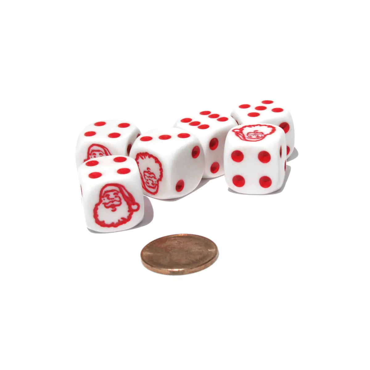 Set of 6 Santa Claus 16mm D6 Round Edge Christmas Dice - White with Red Pips