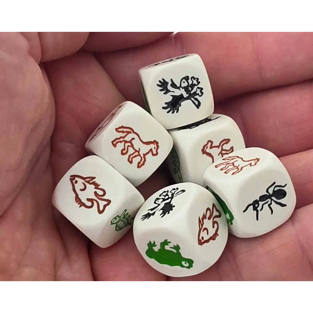 Set of 6 Species 16mm Dice - White with Multi-Color Etched Animals
