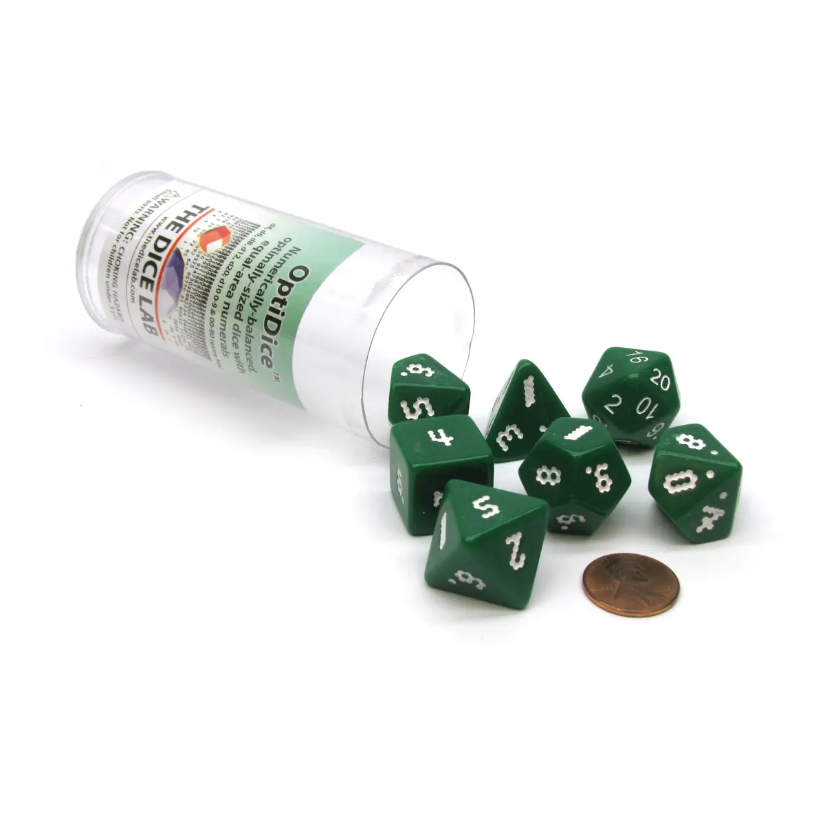 Set of 7 Balanced OptiDice The Dice Lab Dice: D4 D6 D8 D10x2 D12 D20 - Green