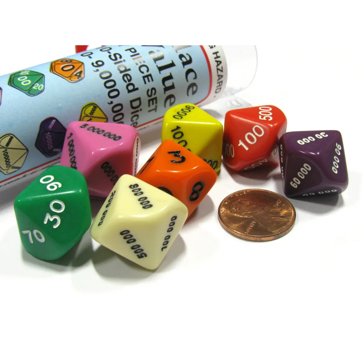 Set of 7 Place Value D10 Dice In a Tube- Number Die for Counting 0 to 9,999,999