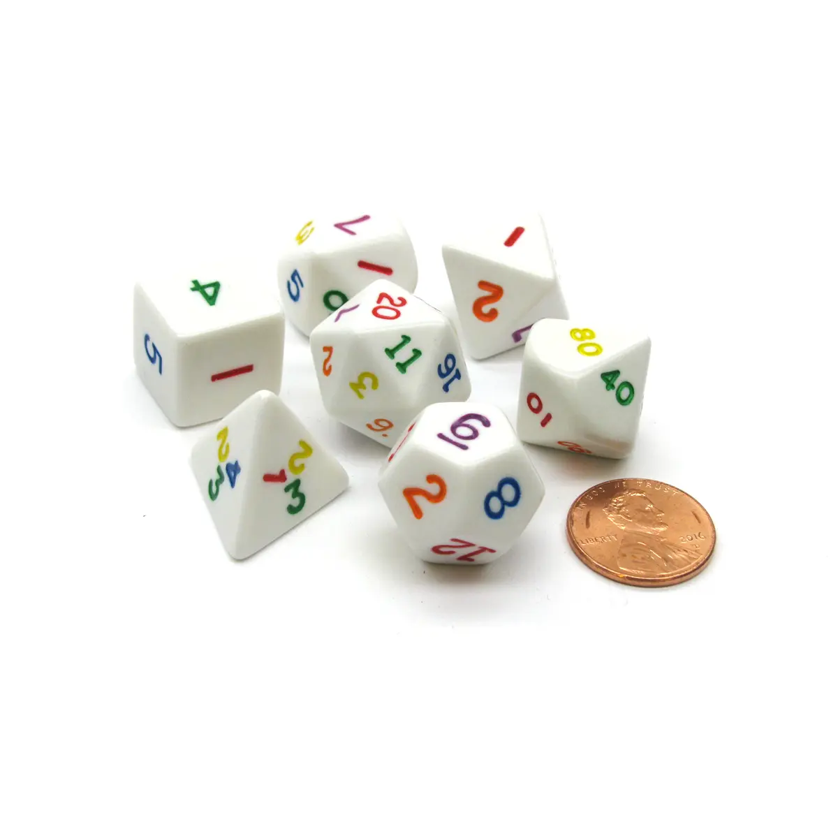 Set of 7 Polyhedral RPG Dice -D4, D6, D8, D10 x 2, D12, D20- White w/ Multicolor
